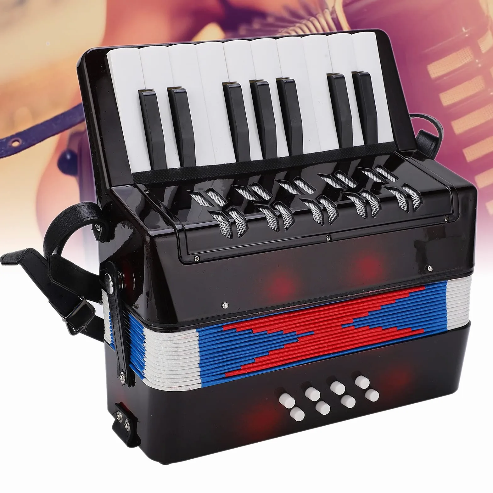 Accordéon piano 17 touches 8 basses instrument de musique avec sangle en cuir rétractable, entraînement rythmique pour débutants et étudiants