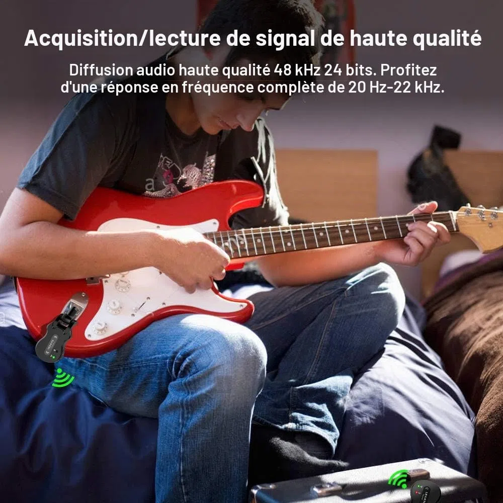 LEKATO 5.8Ghz Guitare Transmetteur sans fil Récepteur Système de guitare sans fil Rechargeable Audio numérique Système de basse Guitare sans fil (Noir)