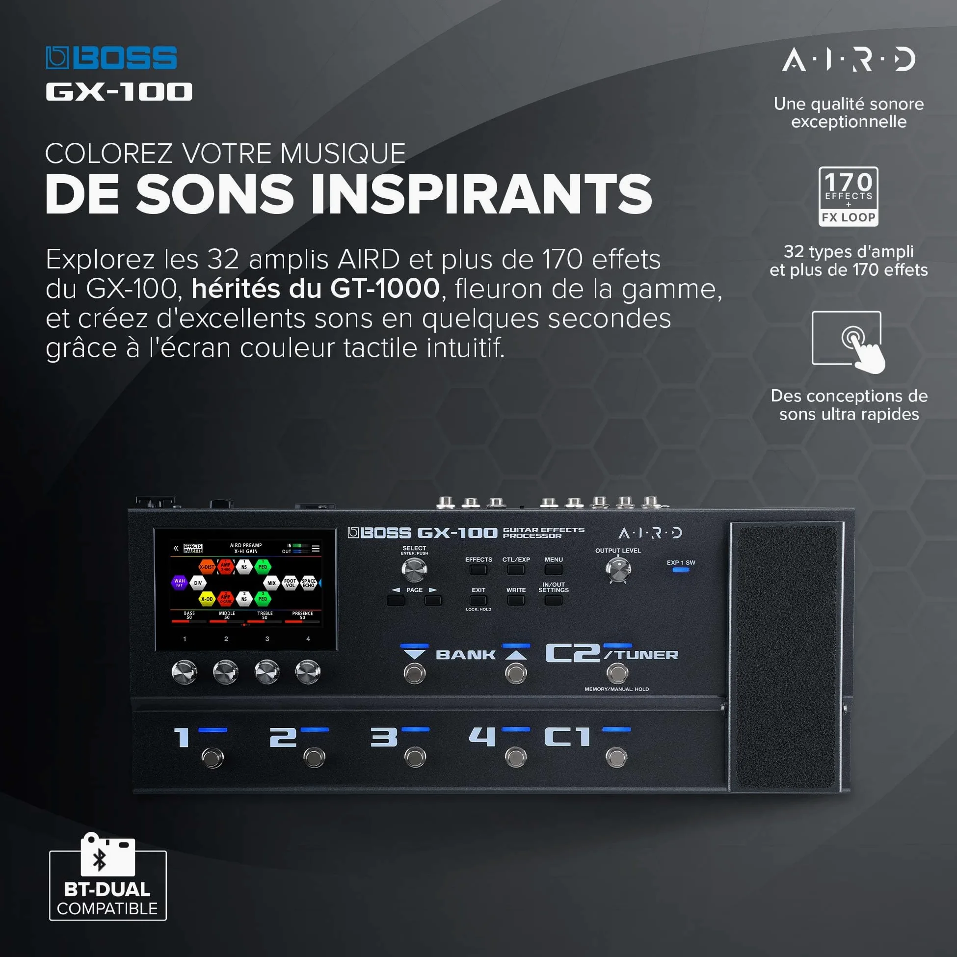 BOSS GX-100 | Processeur d'effets évolué pour guitare | Sons authentiques d'amplis à lampes grâce à la technologie AIRD | 32 types d'ampli et plus de 170 effets BOSS