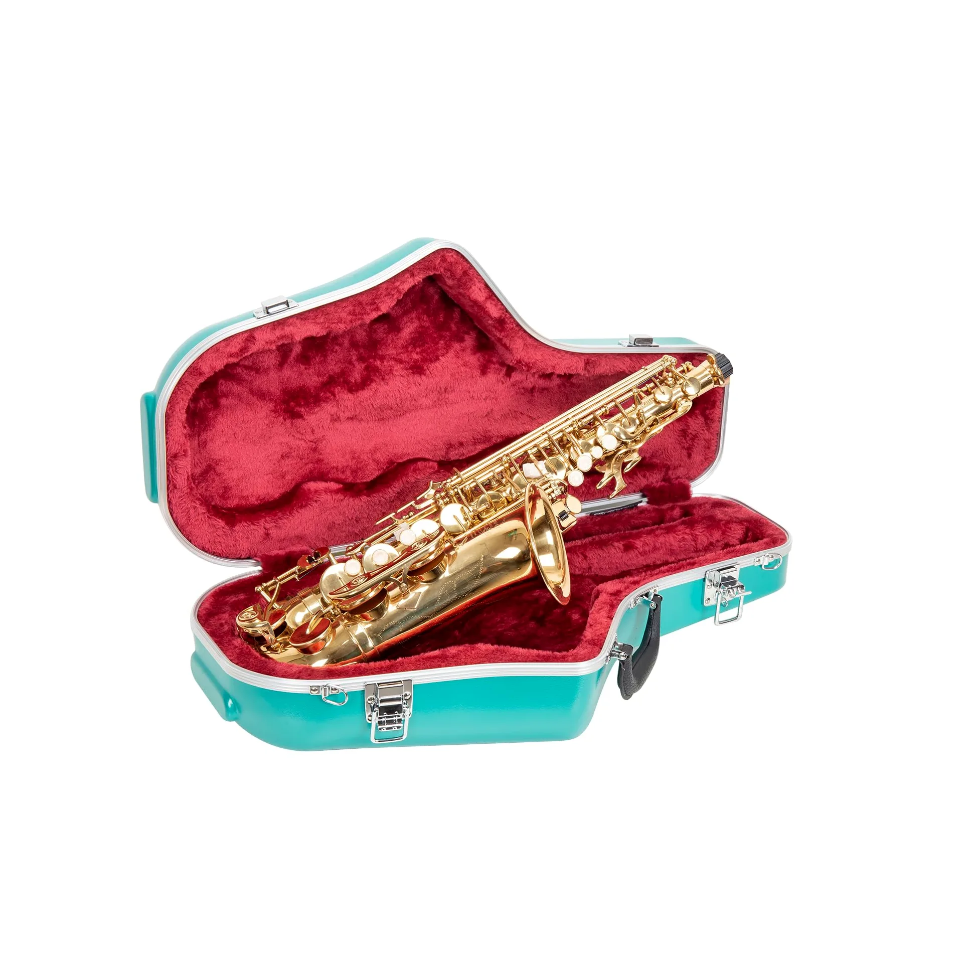 Crossrock Étui Contour ABS pour Saxophone Alto | Finition Bleu Menthe, Intérieur Velours Bourgogne, Serrure, Poche Accessoire, Poignée Ergonomique