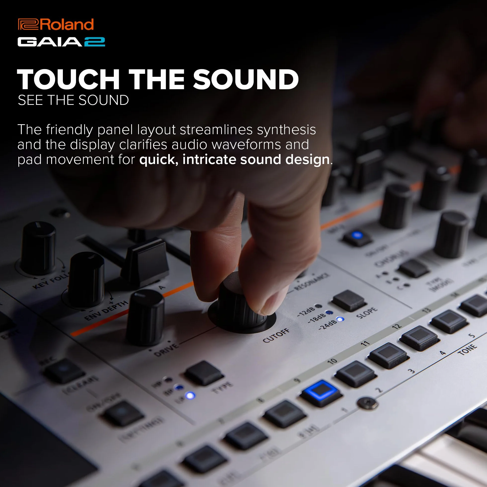 Synthétiseur GAIA 2 Roland au possibilités sonores évoluées | Générateur de sons hybride combinant les synthèses par table d'ondes et analogique virtuelle | Motional Pad intégré