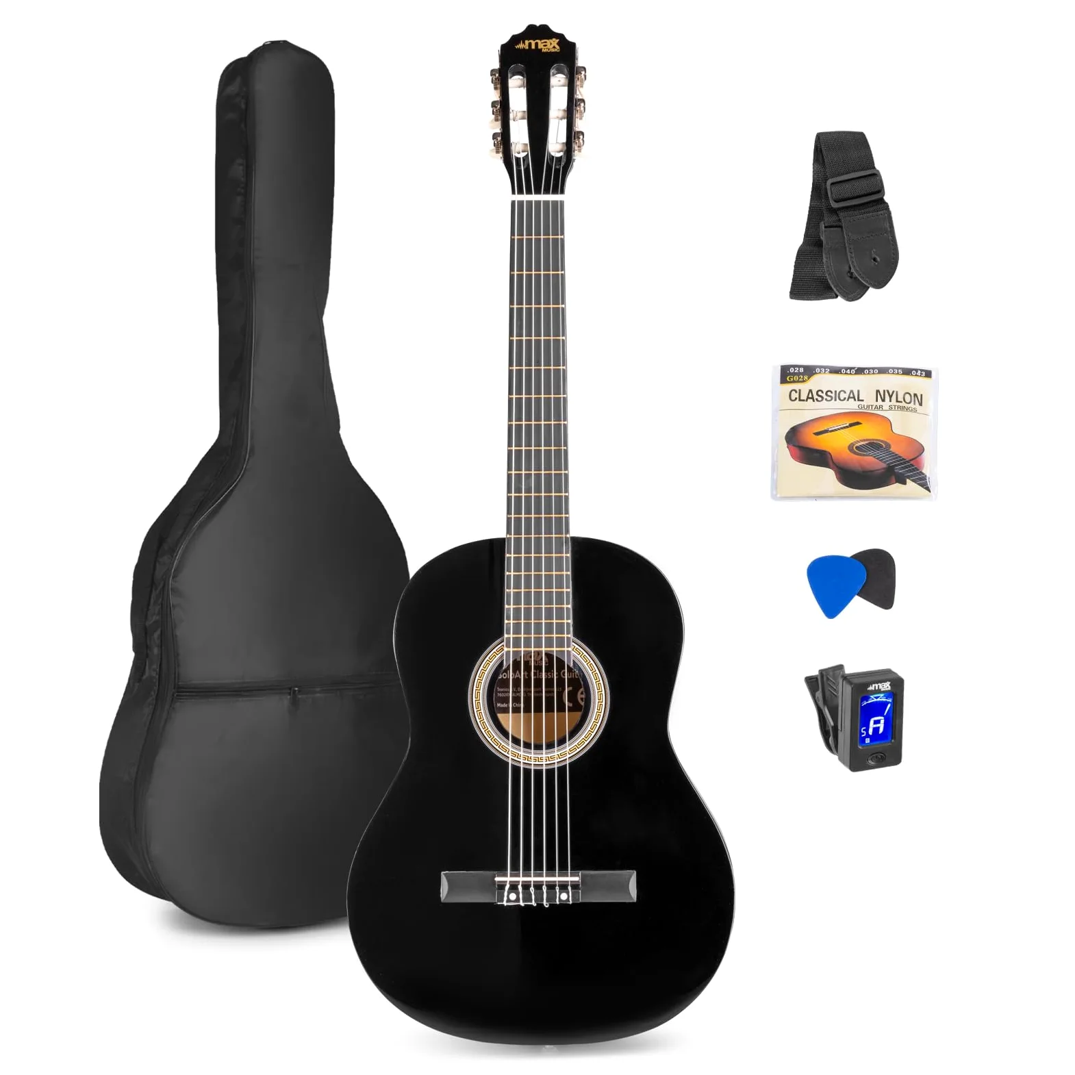 Max SoloArt - Guitare Classique Adulte Débutant - Noir, Cordes en Nylon, Livré avec un Tuner Digital, un Sac de Transport, des Médiators et une Sangle, Idéal pour Musiciens Débutants