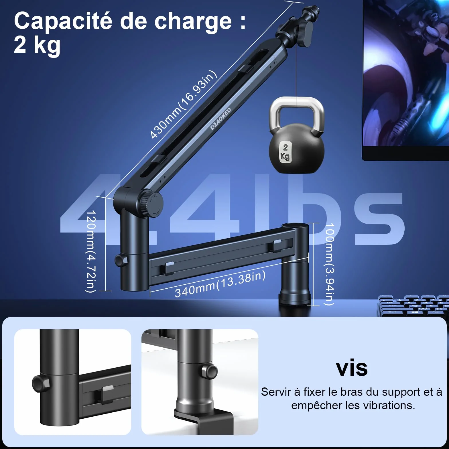 Bras Micro,Aokeo AK-58 Support Articulé de Bureau à Profil Bas pour Blue Yeti,Snowball iCE,HyperX QuadCast/SoloCast,Elgato Wave,etc