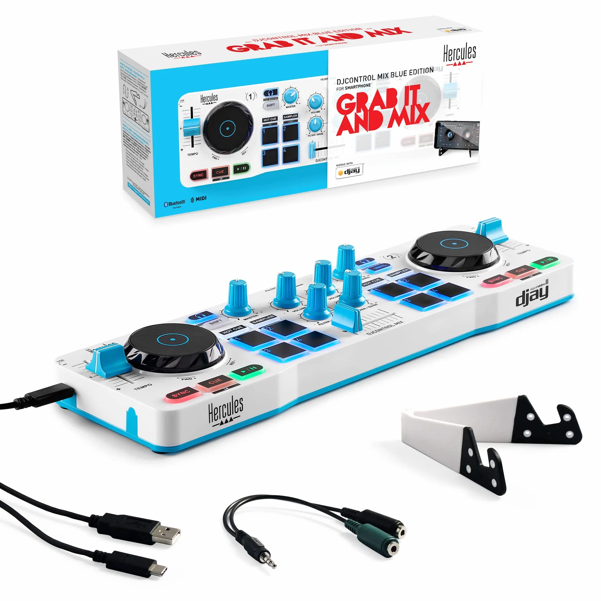 Hercules DJControl Mix Blue Edition – Contrôleur DJ compact avec guides lumineux LED, commandes intuitives et compatibilité avec iOS et Android