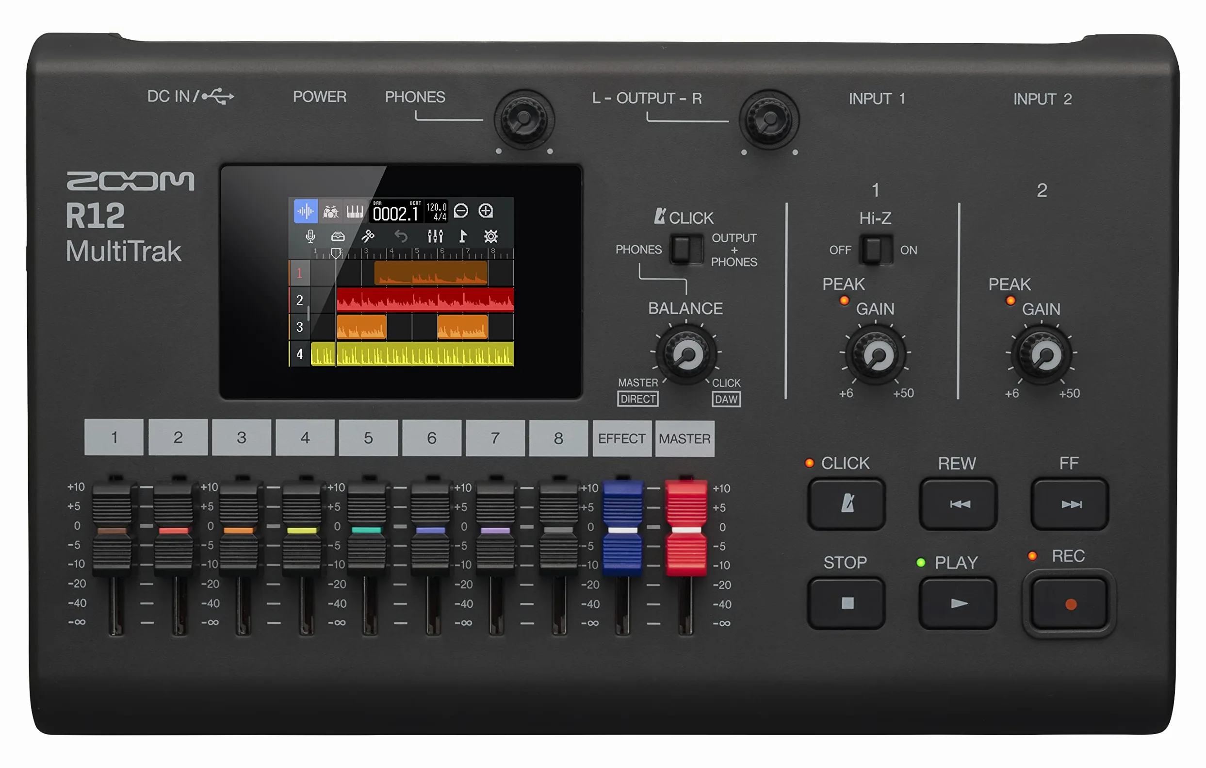 Zoom Enregistreur portable multi-pistes R12, avec écran tactile, édition intégrée, 8 pistes, 2 entrées combinées, effets, synthétiseur, boucles de batterie, alimentation par batterie et interface