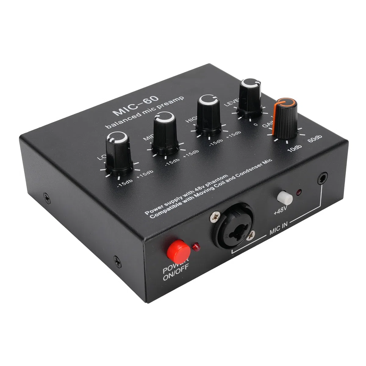 Préampli Microphone avec Gain 60dB et Alimentation 48V, Préamplificateur Micro 3 Canaux XLR 3,5mm 6,35mm pour Condensateur Dynamique, Câble XLR Inclus