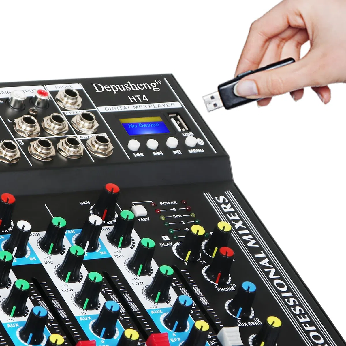 Depusheng HT4 Professional 4 canaux USB Jack mélangeur audio portable Bluetooth Live Studio Audio DJ Console de mixage sonore pour l'enregistrement sur ordinateur, bandes