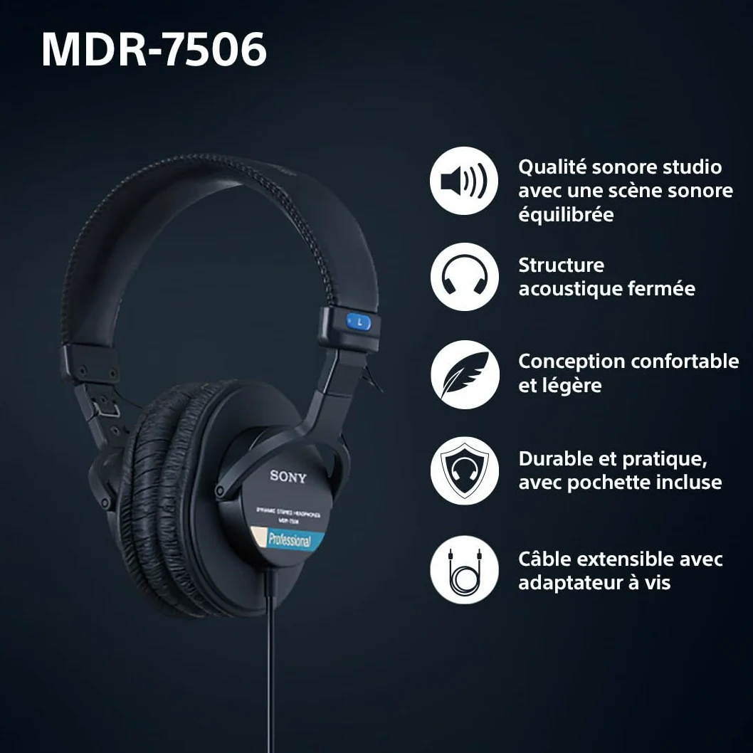 Sony MDR-7506, casque d'écoute studio fermé - filaire, gamme de fréquences 10Hz à 20kHz, idéal pour l'enregistrement et le mixage en studio, 63 Ohm, design léger et pliable (227g), noir