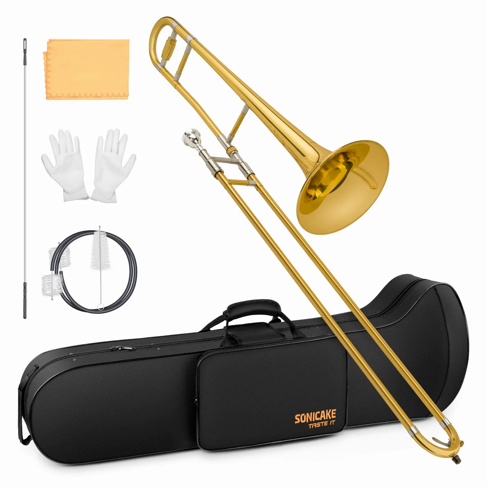 SONICAKE Trombone Alto Bb Laqué Or, Kit complet pour débutant avec Embouchure 7C, Mallette rigide, Gants et Accessoires QTB-01