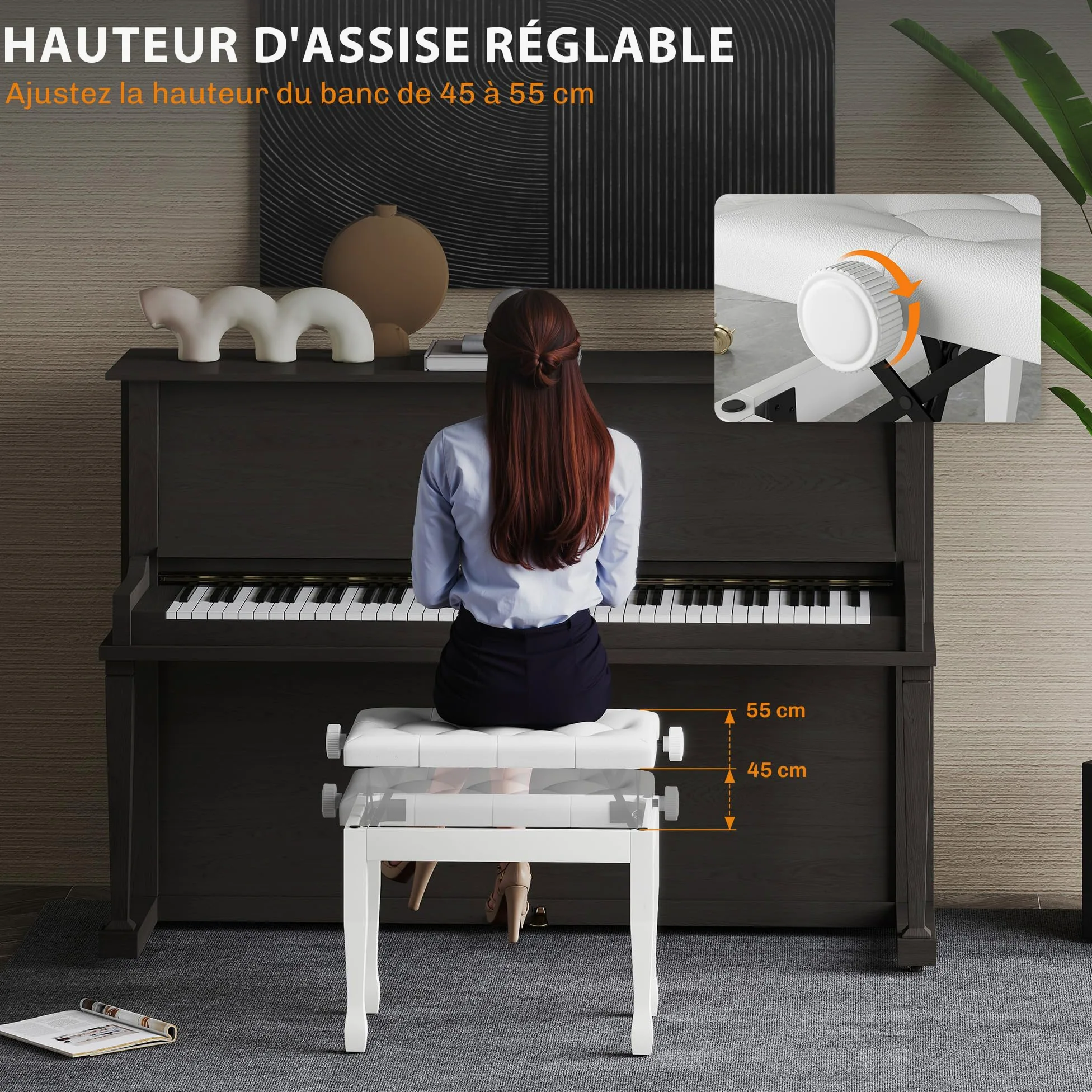 HOMCOM Banc de Piano, Banc de Clavier réglable en Hauteur en Bois Massif, Tabouret Piano avec siège rembourré polyuréthane à 10 Boutons, Stable et antidérapant, Charge 200kg, Blanc