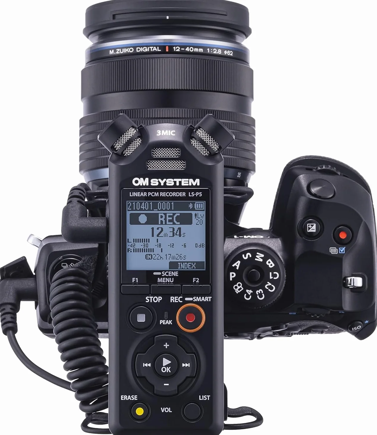 OM SYSTEM LS-P5 Enregistreur audio haute résolution avec système Tresmic II à 3 microphones, contrôle directionnel large, Bluetooth pour écouter via un casque et commande via un smartphone, 16 GB, 37h