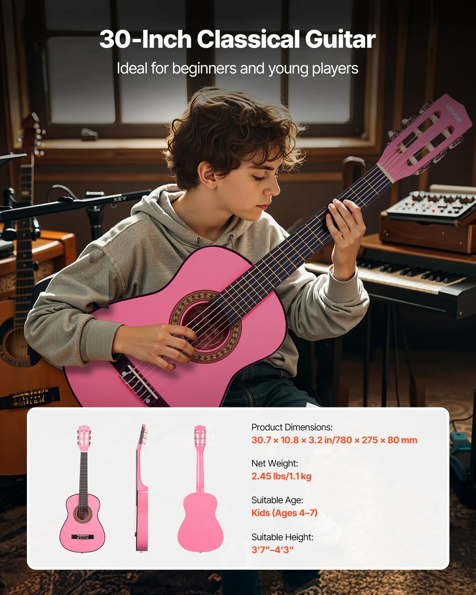VEVOR Guitare Classique Débutants, 78 cm, avec Cordes en Nylon, Housse de Transport, Sangle, Accordeur, Cordes Supplémentaires, Médiators, Capodastre, en Tilleul, pour Jeunes Enfants Musiciens, Rose