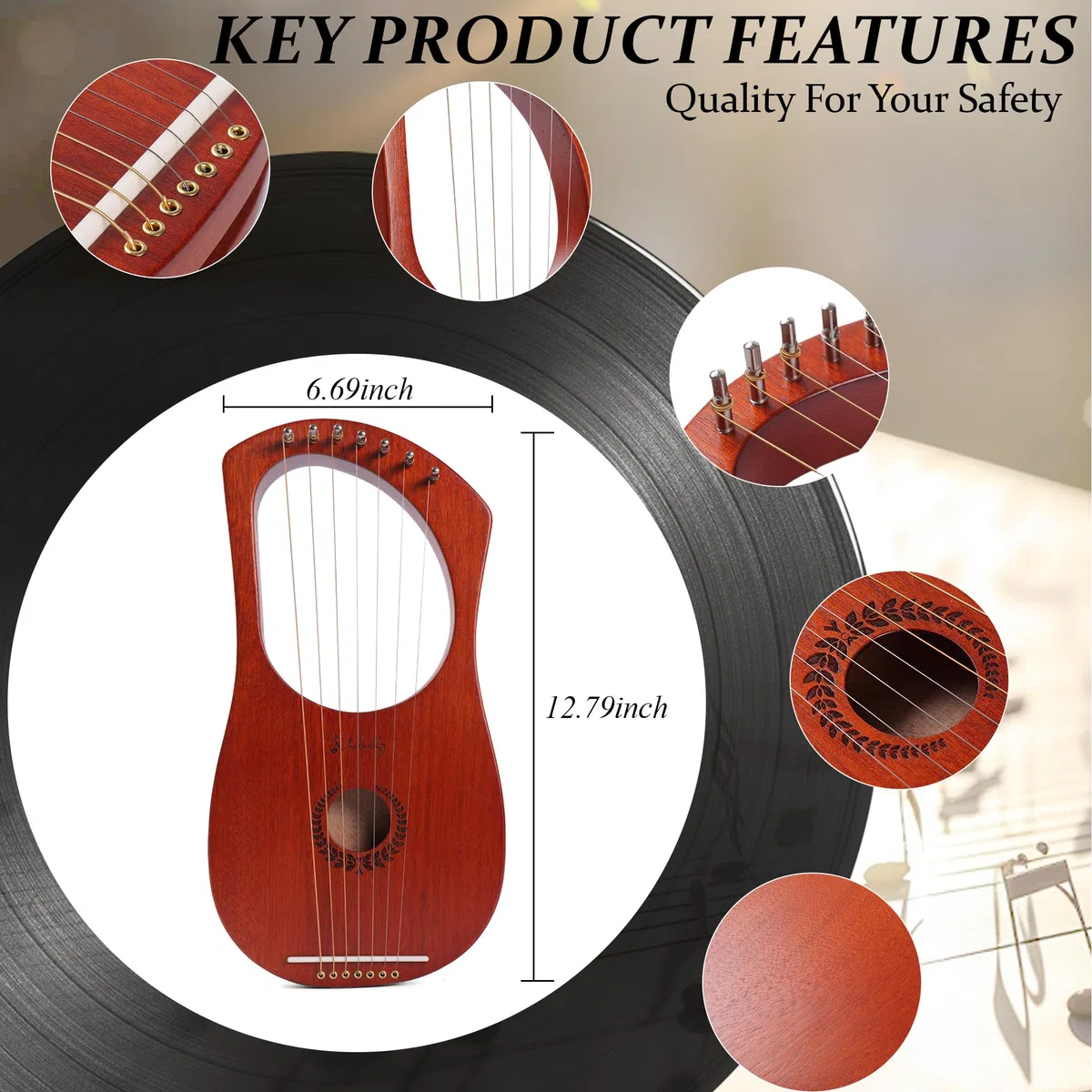 Mulucky Lyre Harp 7 cordes en métal en acier avec selle en os en acajou, Instrument lyre avec accordeur et sac de transport noir - MLH701