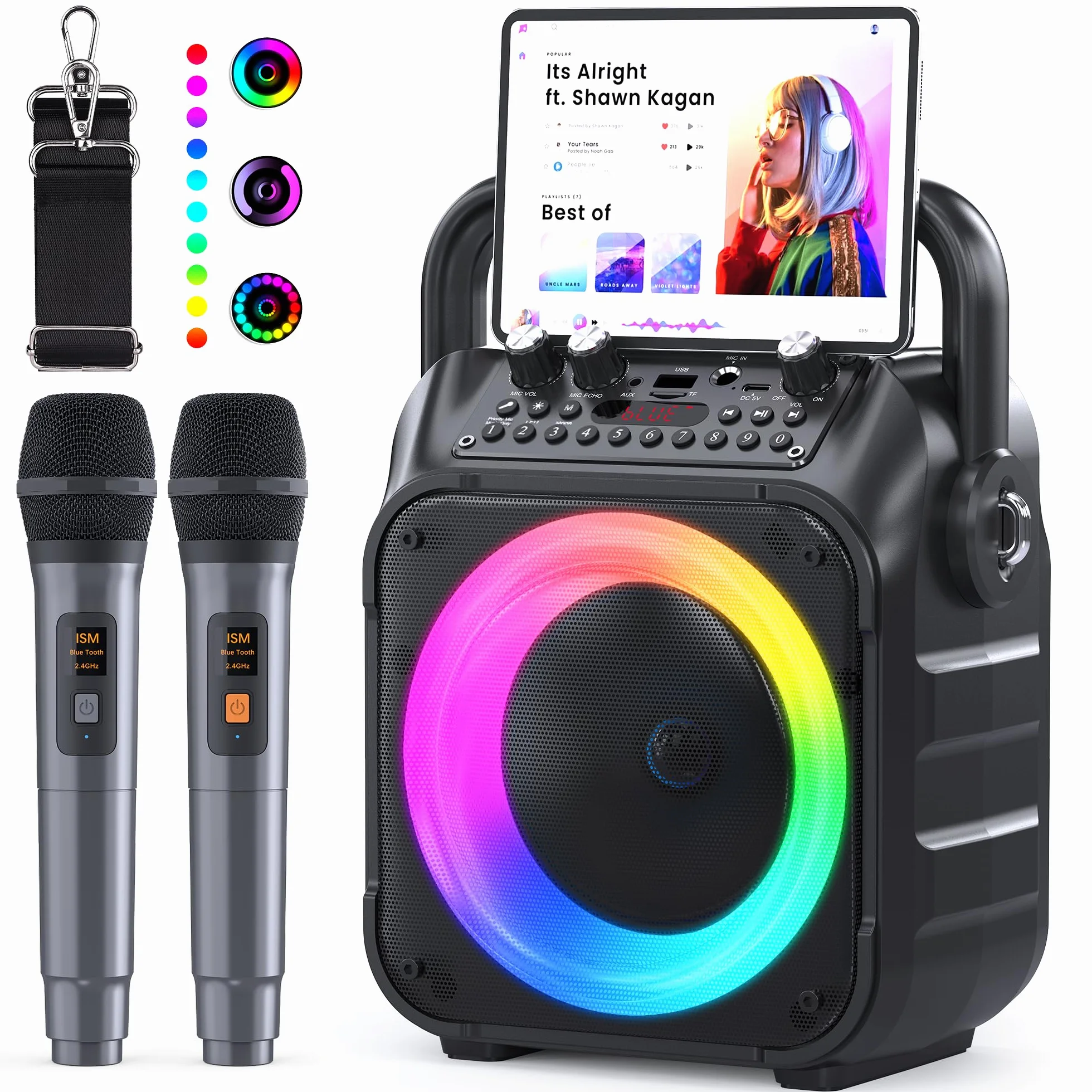 Ankuka Karaoké Adulte avec 2 Micro sans Fil Karaoke Enceinte Karaoke Bluetooth Portable avec Système Sono, Supporte TV/TWS/FM/AUX/USB/TF/REC pour Fête, Anniversaire, Maison(Noir)