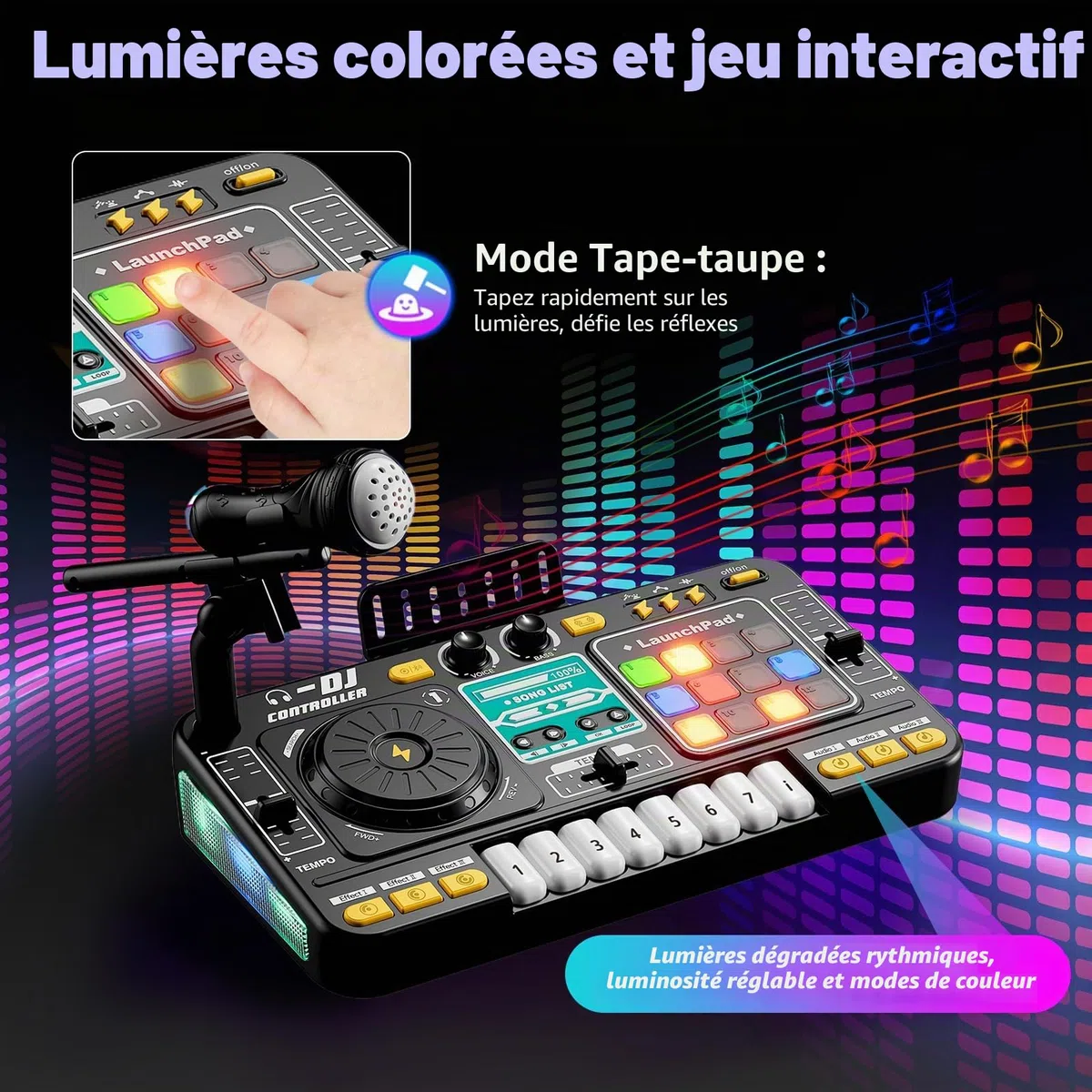 Platine DJ Enfant, Table Mixage Enfant, Table de Mixage DJ Set Jeu, avec Bluetooth, Microphone, Jeux Lumineux, Chargement USB, Convient pour 3 à 10 ans, Jouet pour Fêtes Familiales et Divertissement