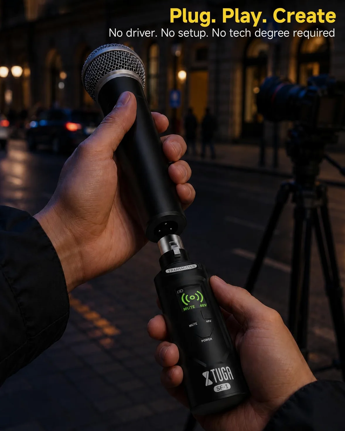 XTUGA Émetteur et récepteur XLR sans fil SF-1, émetteur-récepteur de microphone 2,4 G avec alimentation fantôme 48 V, adaptateur de micro rechargeable pour microphones dynamiques/condensateurs