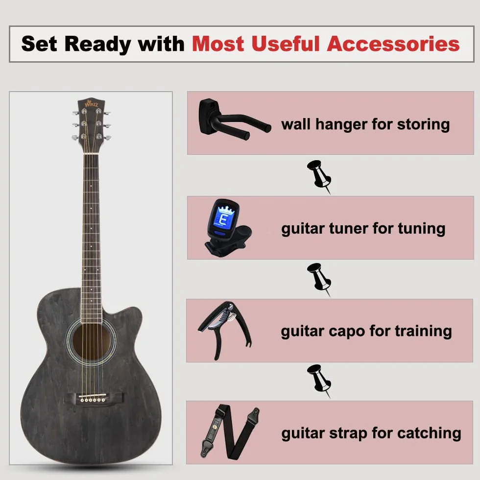 Winzz Guitare Enfant 3/4, Guitare Acoustique Adulte, Kit Guitar Folk pour Débutant 36 Pouces (Noir-gris, Cordes en acier)