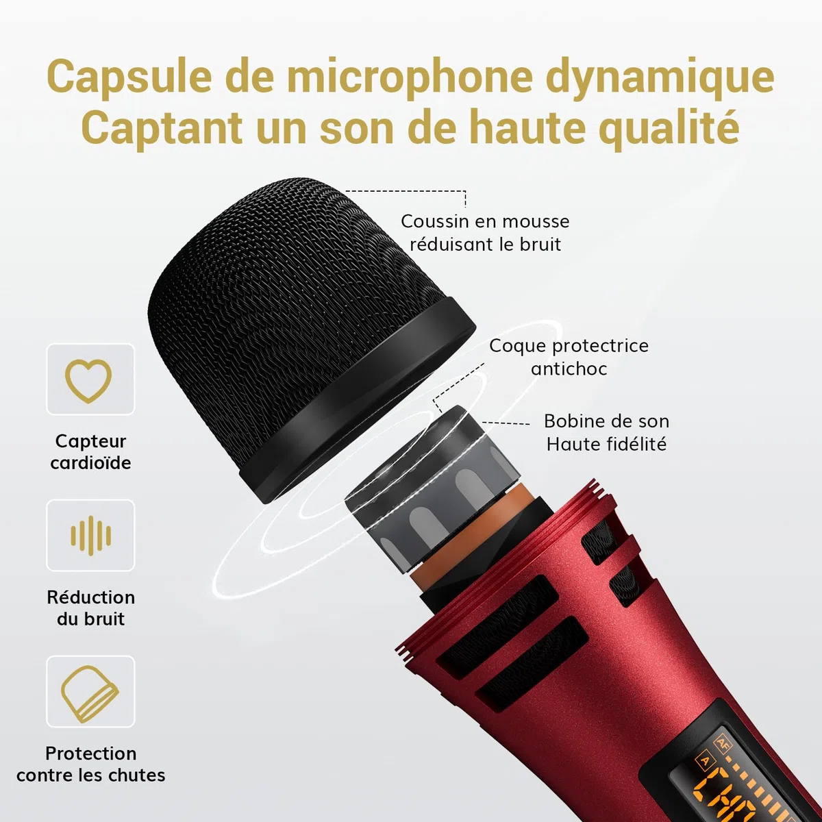 TONOR Micro Karaoke sans Fil, UHF Microphone Dynamique Chant Portable à Main avec Récepteur Rechargeable pour Karaoké Discours Mariage DJ Spectacles église Classe Conférences, 60M, Gris&Rouge, TW320