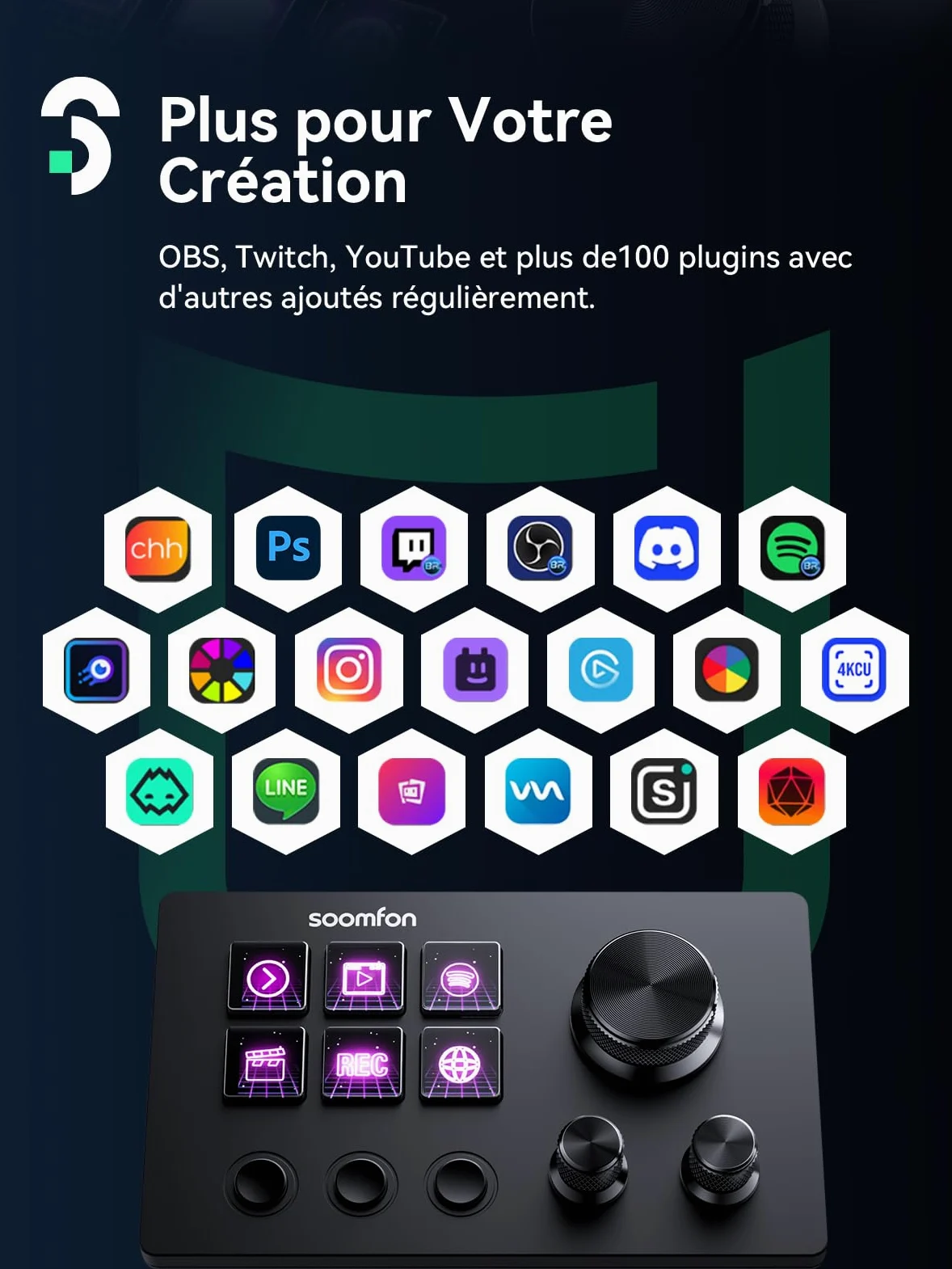 SOOMFON Stream Controller SE, Stream Studio Deck 6 LCD Touches Macro 3 Boutons 3 Potentiomètres, Production Console Deck Compatible PC/Mac, Production Contrôleur pour OBS/Streamlabs/Twitch/Youtube