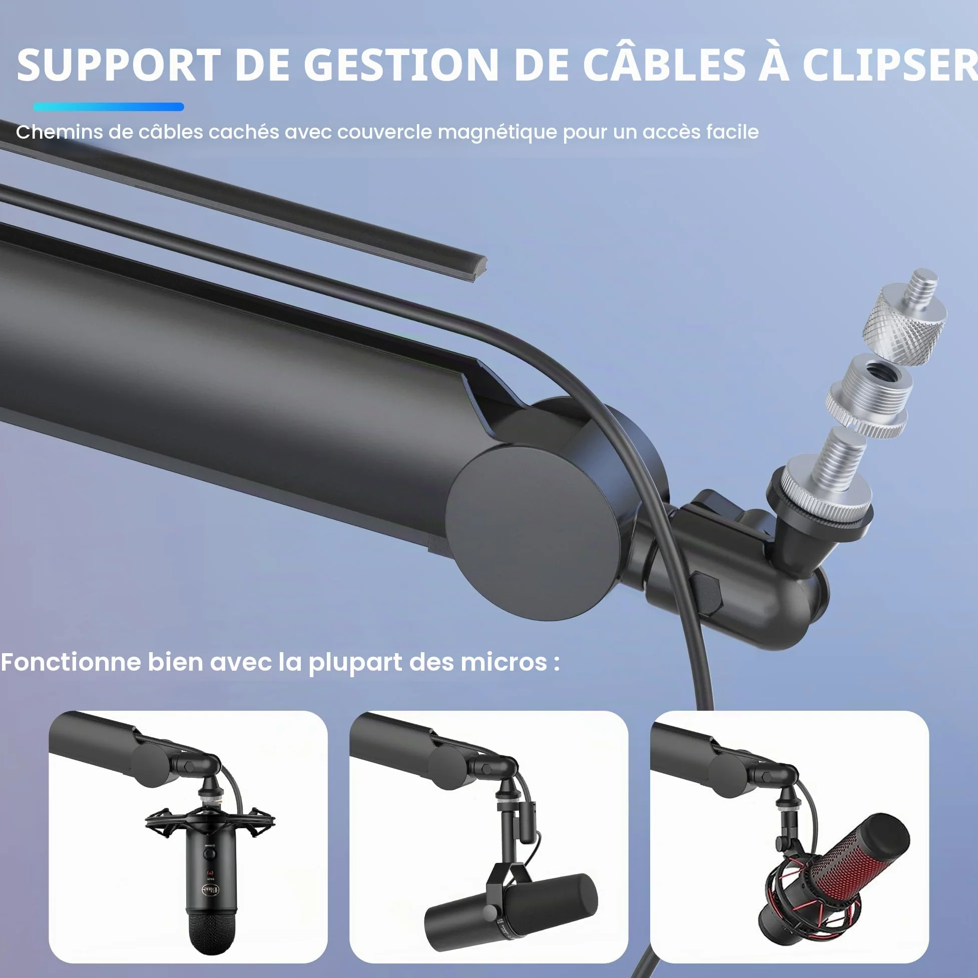 Thronmax-S8 Bras Micros, Supports pour Micros Réglable rotatif à 360 °, Pied de microphone à Ciseaux avec Câble Intégré en acier inoxydable pour Blu Yeti, 1/4“，3/8" to 5/8" Universelle