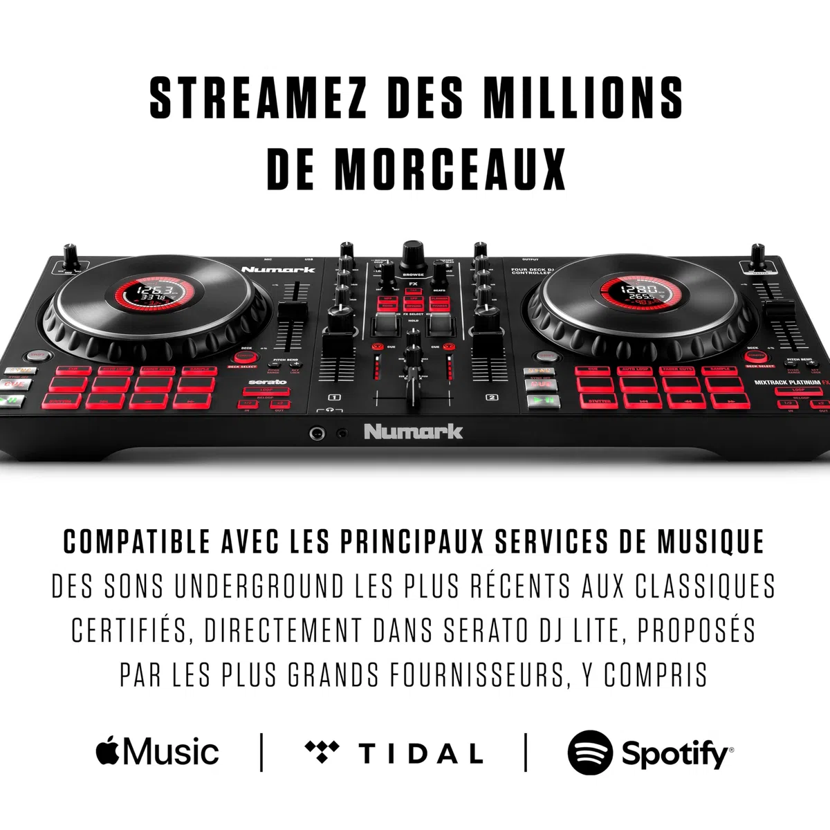 Numark Mixtrack Platinum FX - Contrôleur DJ 4 decks, table de mixage, carte son intégrée, platines DJ tactiles avec écran et large palette d'effets