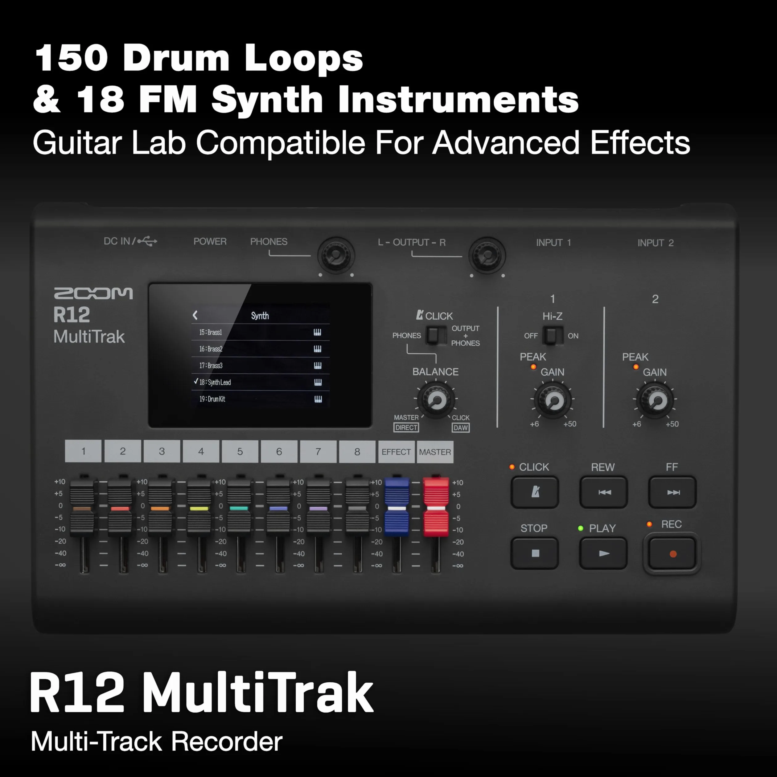 Zoom Enregistreur portable multi-pistes R12, avec écran tactile, édition intégrée, 8 pistes, 2 entrées combinées, effets, synthétiseur, boucles de batterie, alimentation par batterie et interface