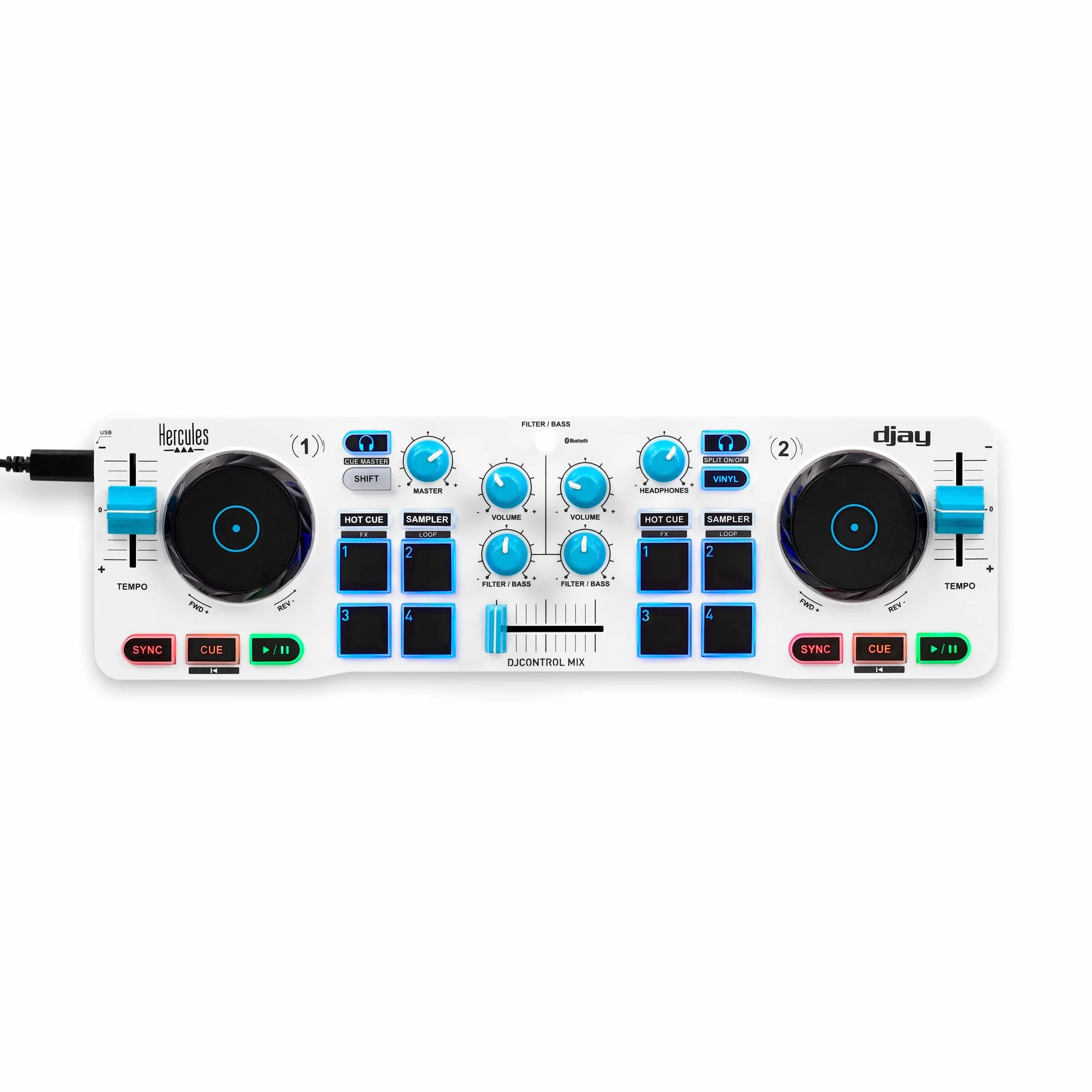 Hercules DJControl Mix Blue Edition – Contrôleur DJ compact avec guides lumineux LED, commandes intuitives et compatibilité avec iOS et Android