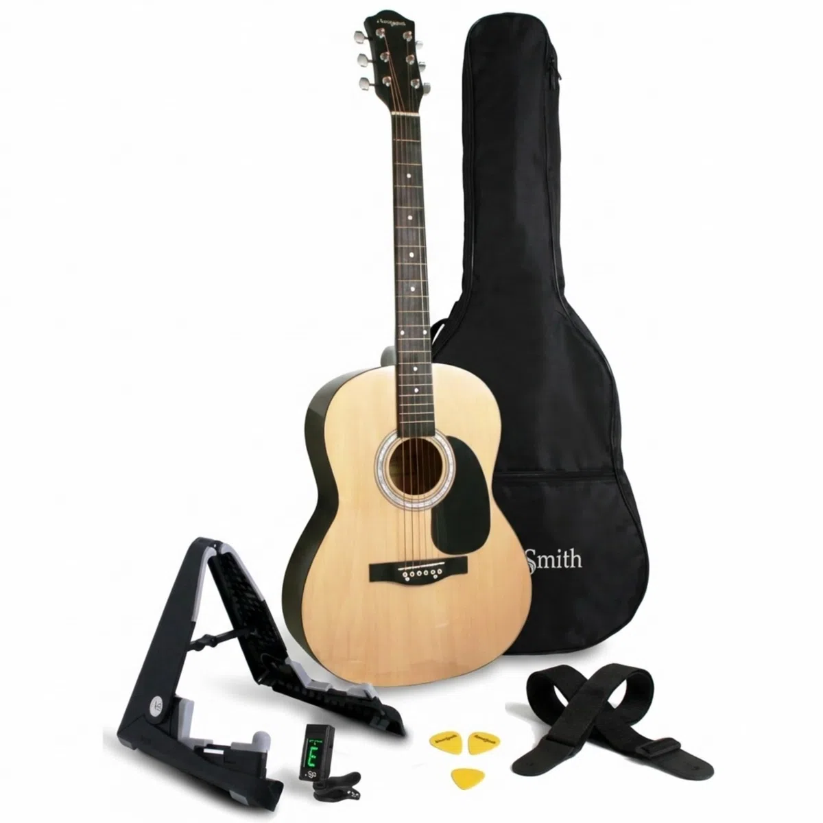 Martin Smith Kit Guitare Acoustique Taille Standard pour Débutants, Naturel, 6 Cordes Acier avec Support, Accordeur, Housse, Sangle, Médiators et Cours