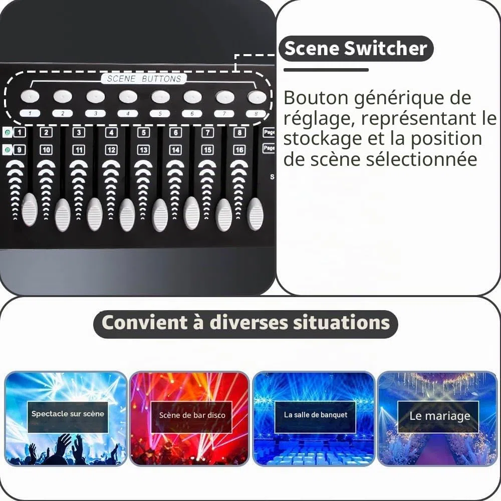 DMX-512 Contrôleur Console 192 Canaux DJ Lumière Contrôleur Console 240 Scènes pour Mini Contrôleur DMX Pupitre de Lumière Fête DJ Disco Moving Head Lumière Scène Lampe Opérateur Équipement (Noir)