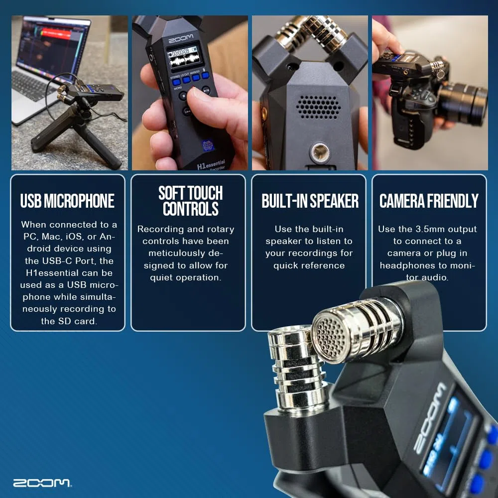 Zoom H1essential Enregistreur stéréo pratique, enregistreur audio portable H1 Essential (H1E) flottant 32 bits, microphone USB et X/Y, SD 64 Go, trépied, micro à condensateur, manchon de micro et plus