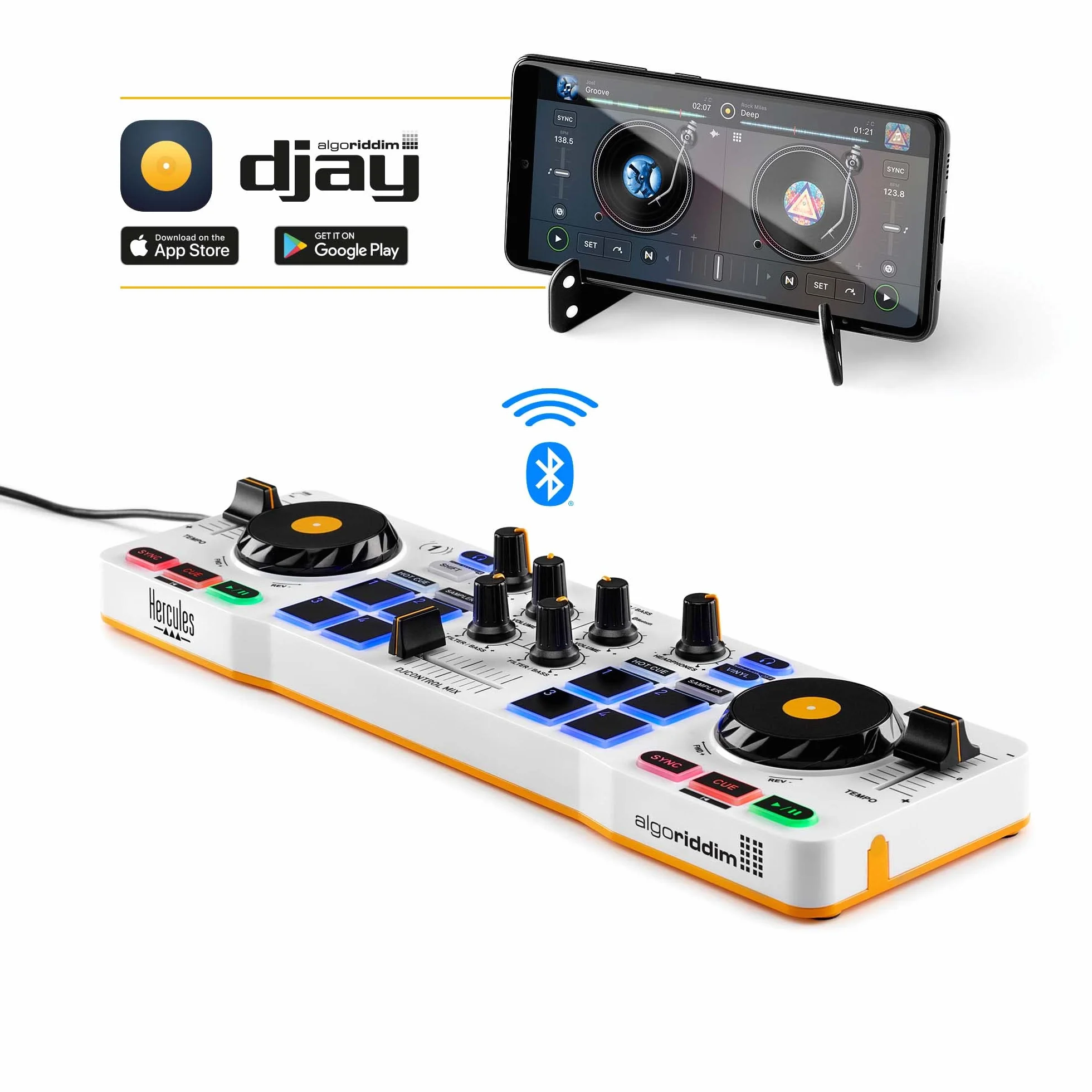 Hercules DJControl Mix – Contrôleur DJ Bluetooth sans fil pour Smartphones (iOS/Android) – Inclus Application djay, Support Mobile et Câble Splitter Audio – Ultra-compact & Portable – Blanc