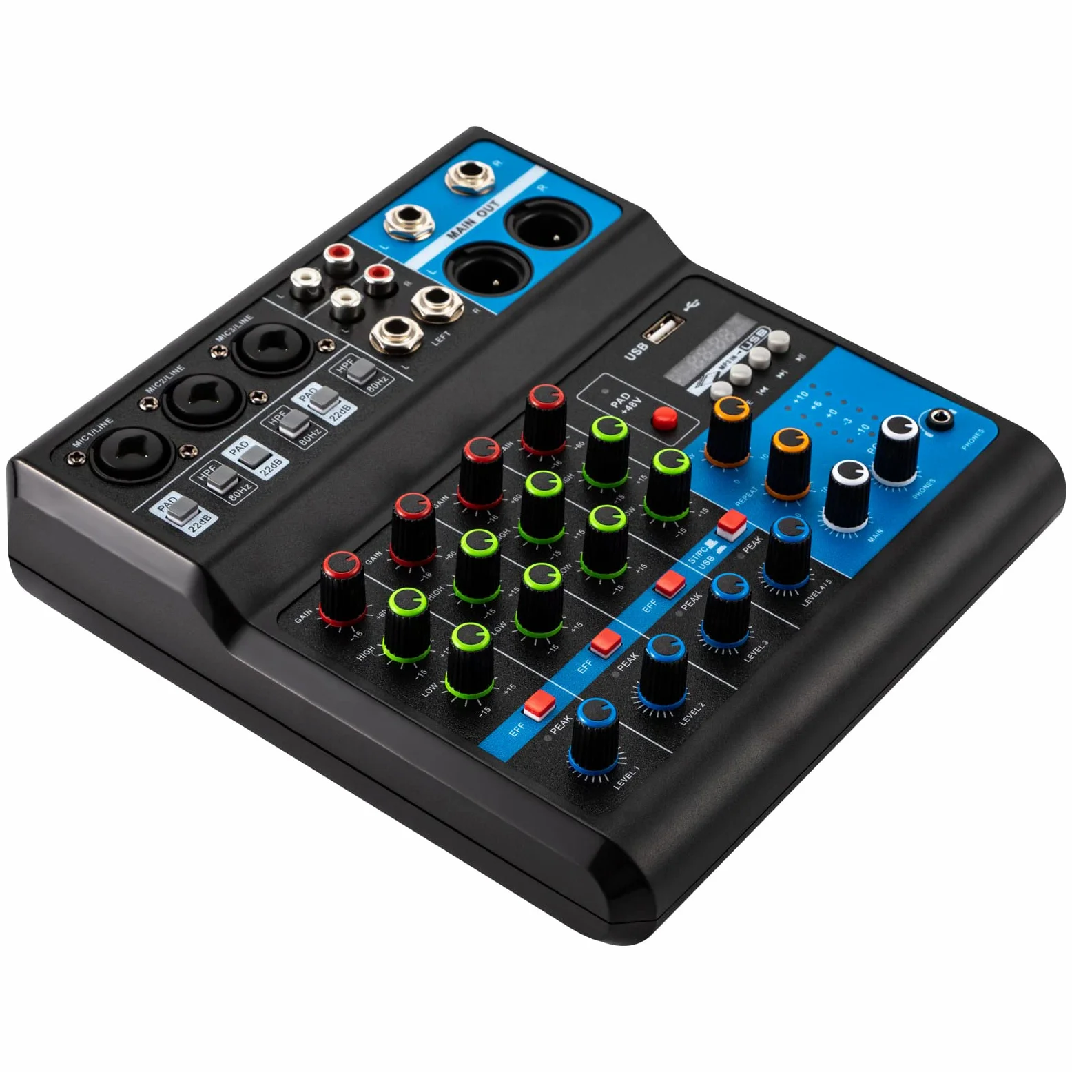 Table de mixage 5 canaux - Table de mixage DJ - Mixeur audio - Enregistreur et entrée micro USB - Port USB - Pour microphones, guitares, basses, claviers, mixeurs, instruments, etc
