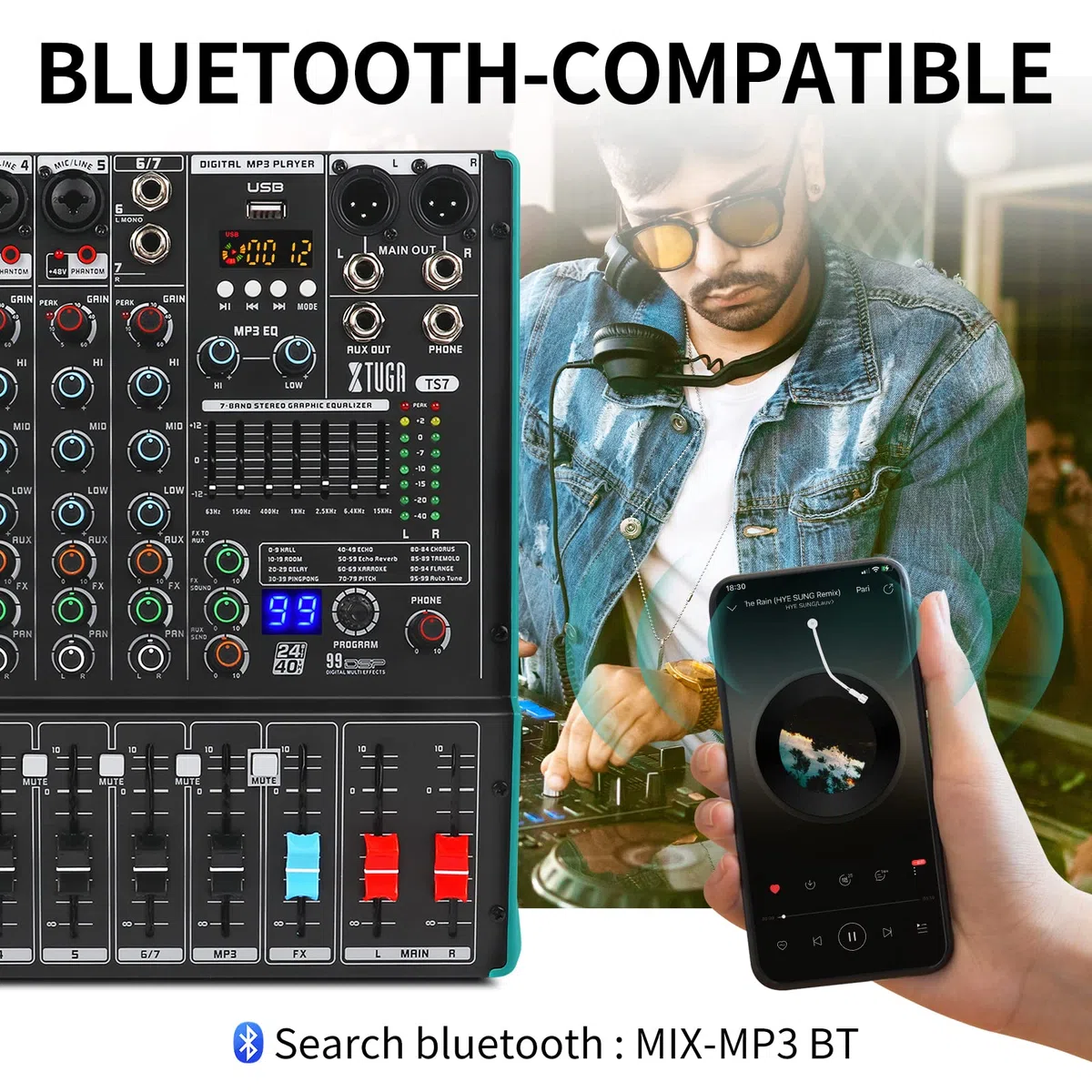 XTUGA Table de Mixage Mixeur Audio 7 Pistes, 99 Effets DSP, Alimentation Fantôme 48V Indépendante et Bouton Mute, Bluetooth, Interface USB d'enregistrement Pour Studio DJ Scène (TS7)