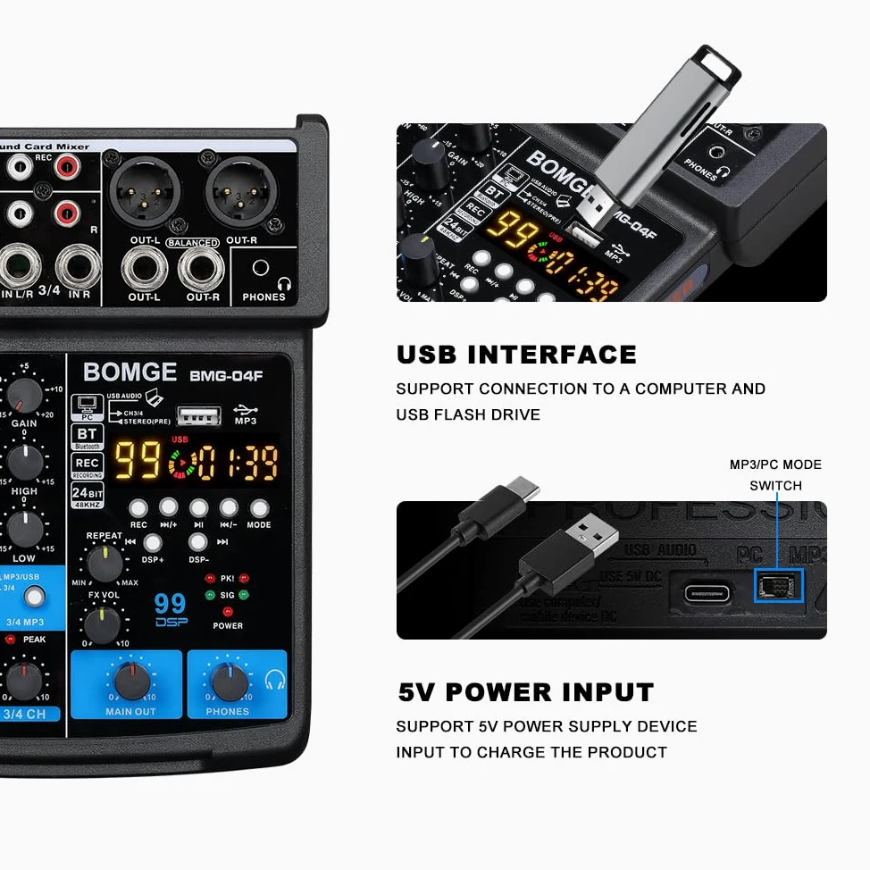 BOMGE -04F Table de mixage audio DJ 4 canaux avec MP3/USB Bluetooth,/48V/99 effets DSP pour la diffusion en direct