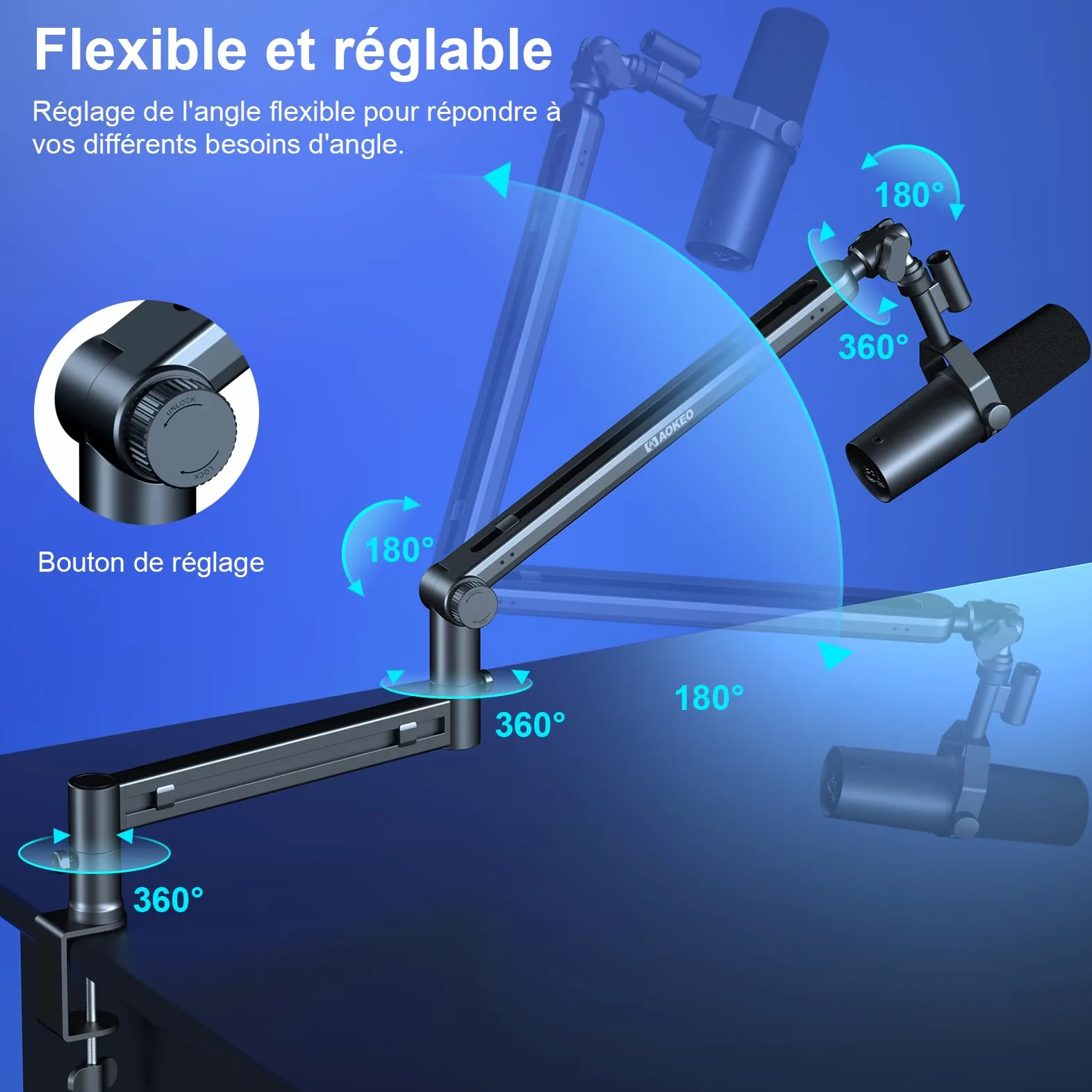 Bras Micro,Aokeo AK-58 Support Articulé de Bureau à Profil Bas pour Blue Yeti,Snowball iCE,HyperX QuadCast/SoloCast,Elgato Wave,etc