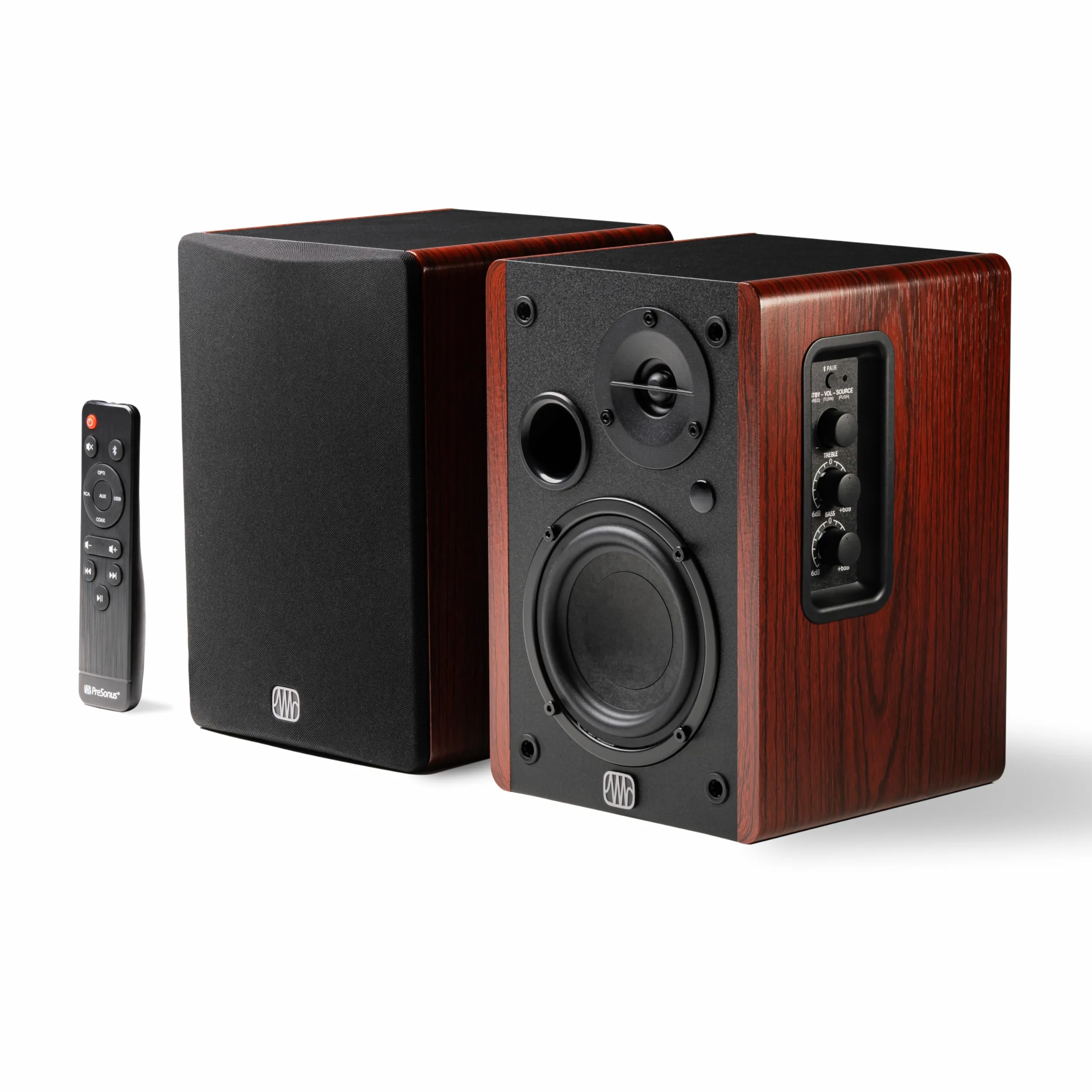 Enceintes bibliothèque actives sans fil PreSonus Eris Accent BT — Enceintes bibliothèque multimédia Bluetooth pour PC, jeux, ordinateur, TV, paire d'enceintes (bois)