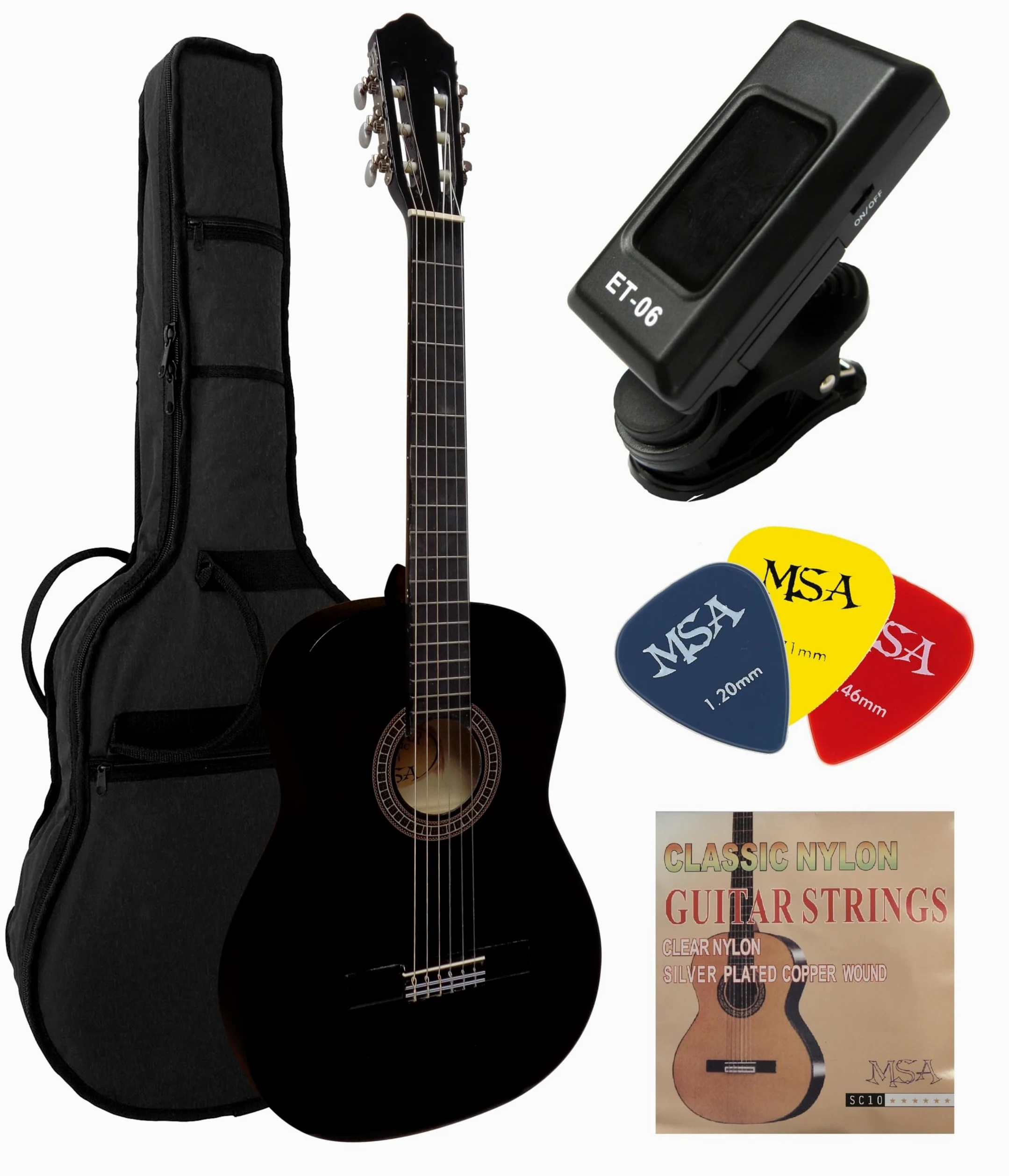 4/4 guitare classique noir avec accessoire, set sac, cordes, plectre, accordeur