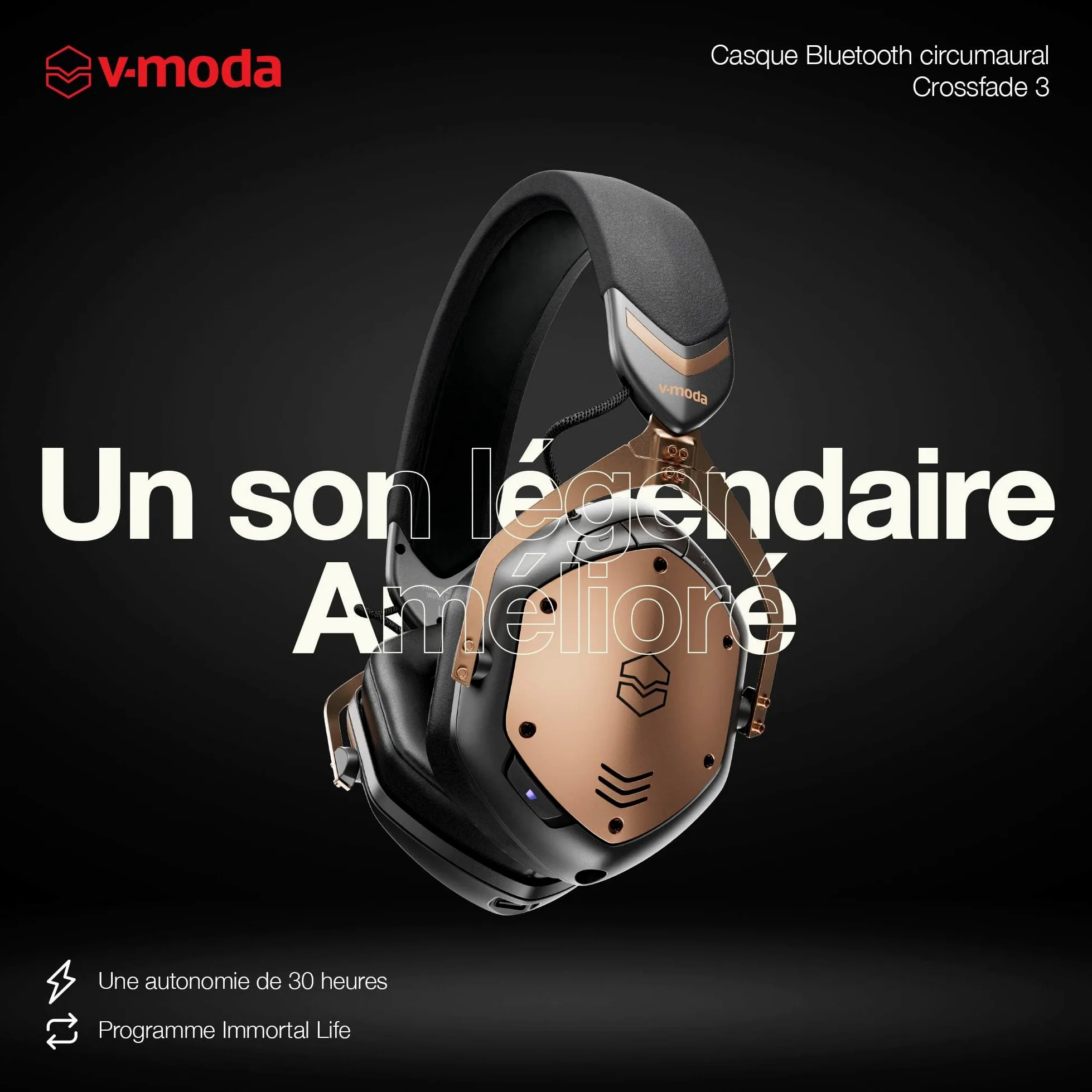 Crossfade 3 V-MODA | Le Casque Filaire circumaural favori des Meilleurs DJs | Un Son Punchy idéal pour l'ambiance survoltée des Clubs – Bronze Noir