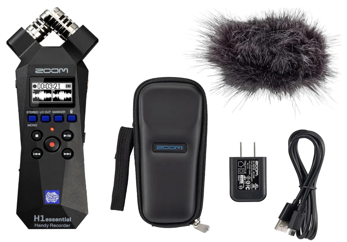 Zoom H1essential Ensemble enregistreur audio portable 2 pistes 32 bits avec APH-1e avec pare-brise poilu, coque rembourrée, adaptateur secteur et câble USB C