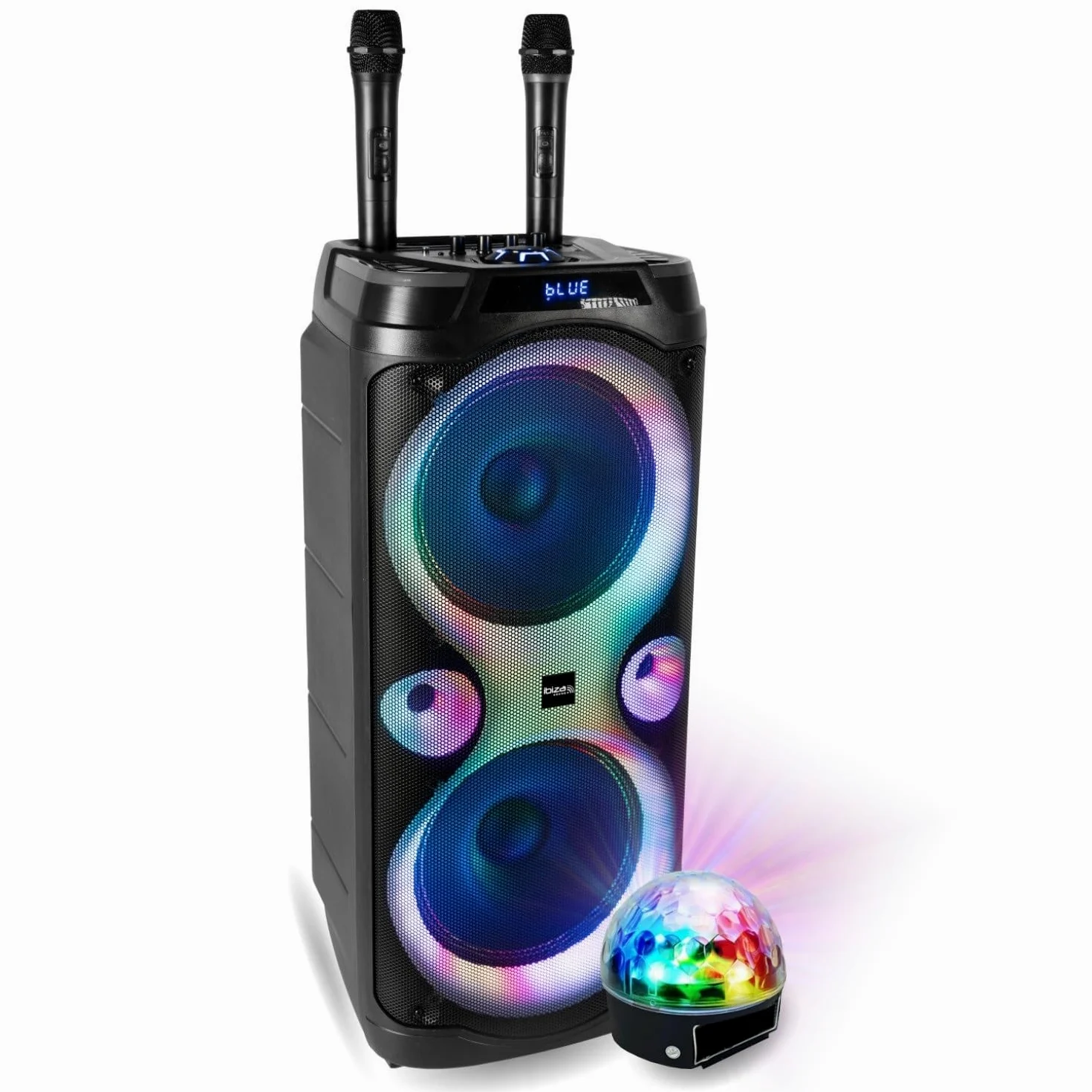 Ibiza Sound - Pack Enceinte Karaoké Columba-Karaoke 1000W USB Bluetooth TWS - 2 Micros sans Fil - Effet Astro LED 6 Couleurs - Soirée