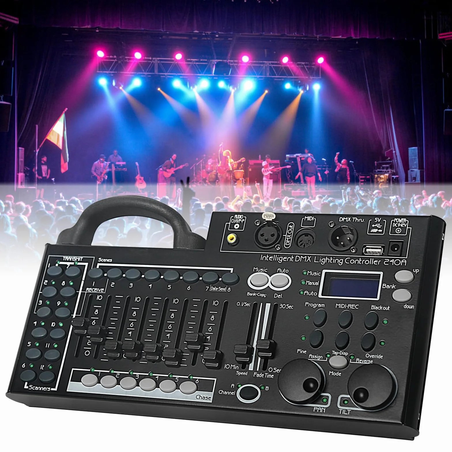 Console d'éclairage DMX, contrôleur DMX 512 à 240 canaux pour lumières DJ, équipée d'une fonction de sauvegarde de données USB Noir