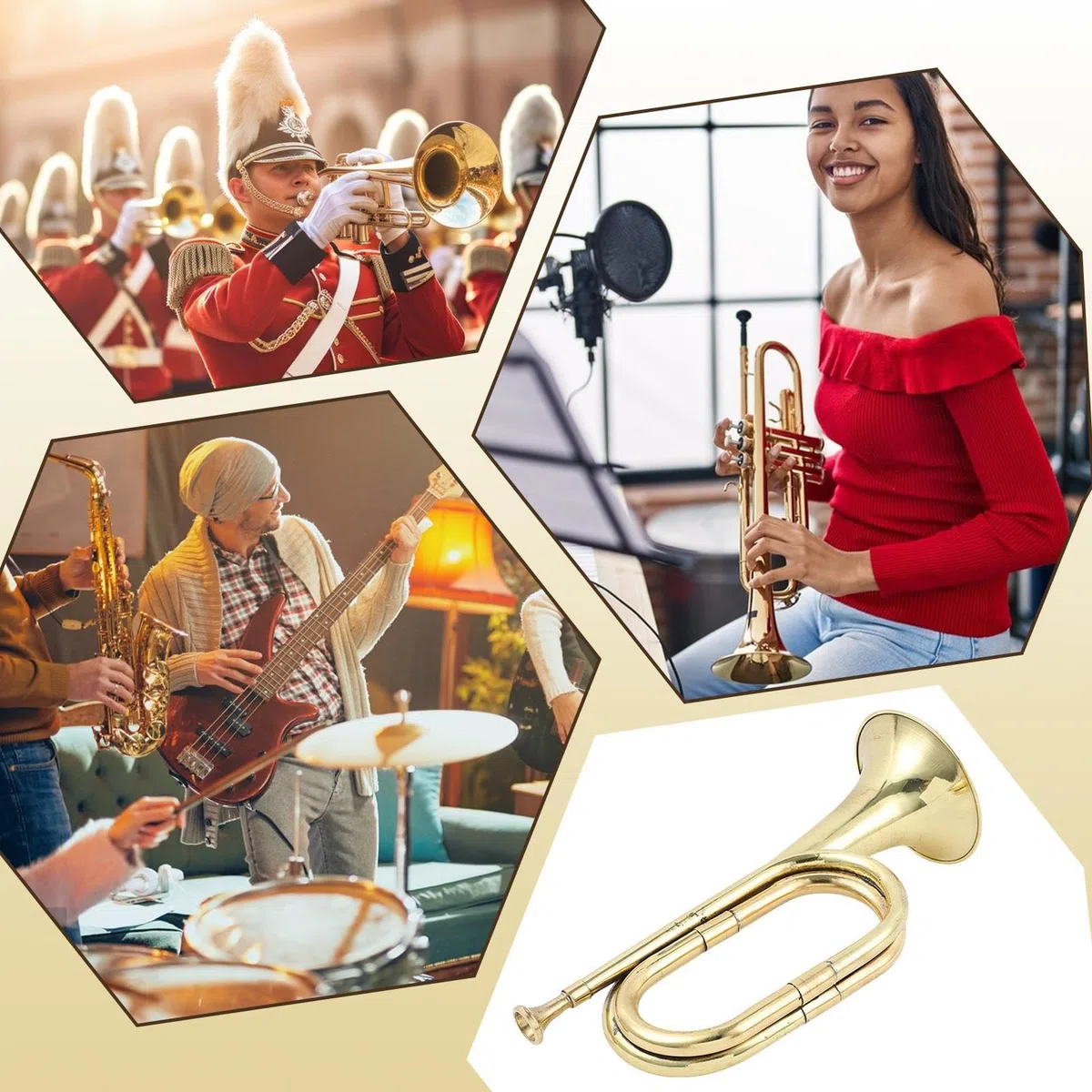 Brass Bugle Horn, Pocket Trumpet, Toy Instrument Gold, Fashionable Cavalry Music Horn, Band & Orchestra Sound Tool for Kids and Beginner Performance Use, 12.01 Inches