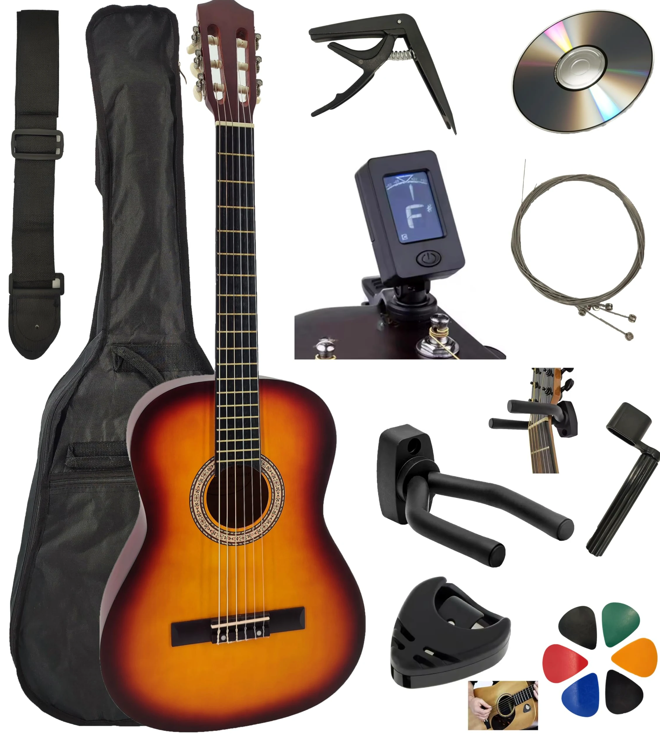 Pack Guitare Classique 3/4 (Enfant) + 10 Accessoires Cour Vidéo et CD (Sunburst)