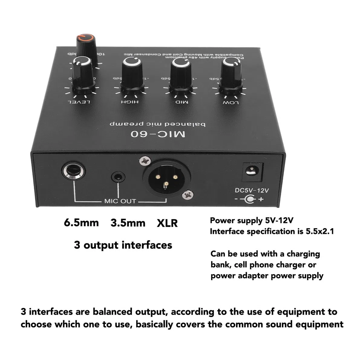 Préampli Micro, 60 DB Gain élevé, 48V Power, 3,5mm/6,35mm/XLR Sortie, Préamplificateur de Microphone, Préampli Microphone pour Micro à Condenseur et Dynamique (Prise UE)