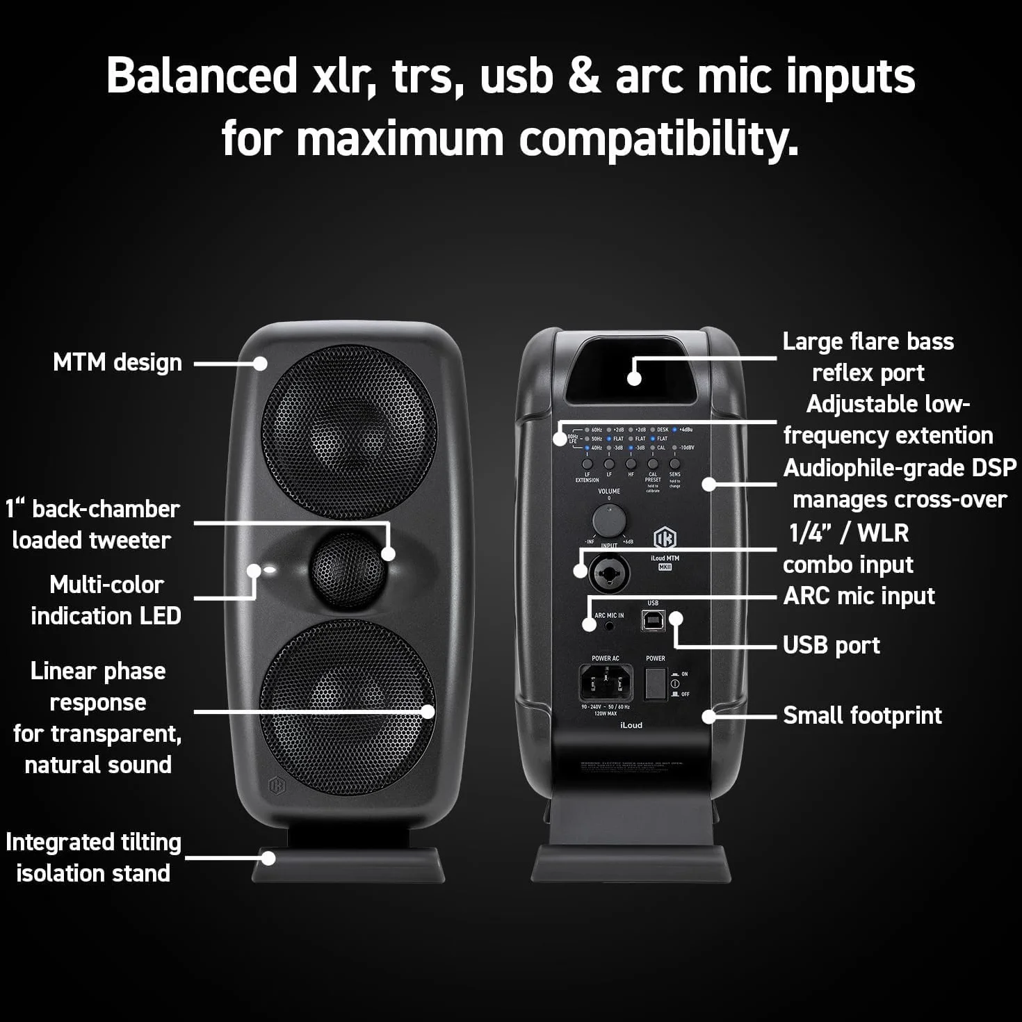 IK Multimedia iLoud MTM MKII - Paire de moniteurs de studio compacts haut de gamme de nouvelle génération avec correction ARC intégrée, émulation de haut-parleur, 100W. Micro ARC inclus. Noir