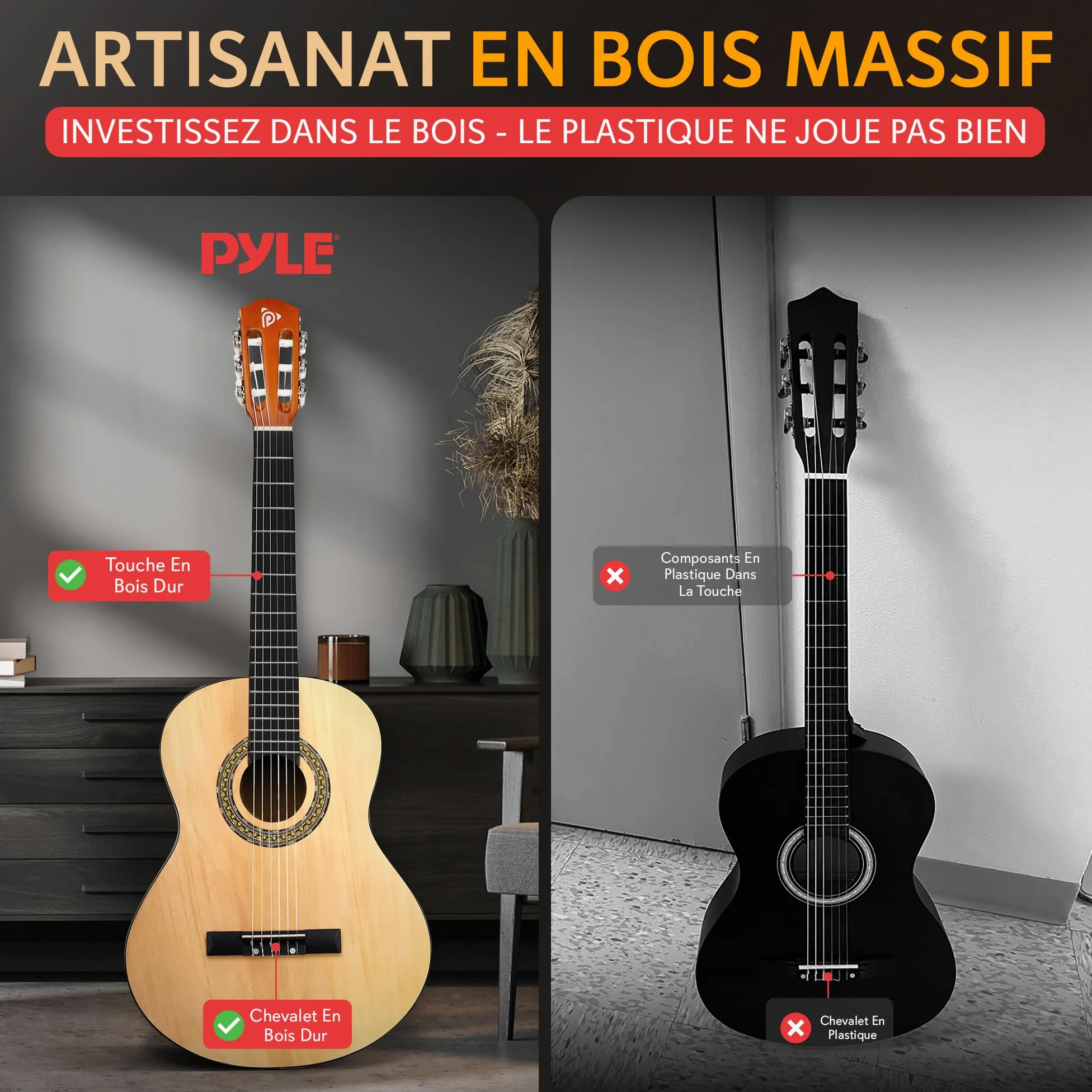 Pyle - Kit de Guitare Acoustique pour Débutant - Guitare Enfant/Adulte - Taille Junior 3/4 en Bois Massif - 91,44 cm Frêne Naturel