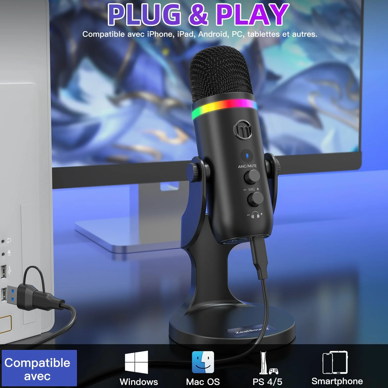 zealsound Microphone USB à Condensateur, Podcast Micro pour PC et Téléphone avec Réduction de Bruit, Mute & Contrôle du Gain, Plug & Play pour Gaming, Streaming, Enregistrement, Zoom, ASMR-K66 Pro