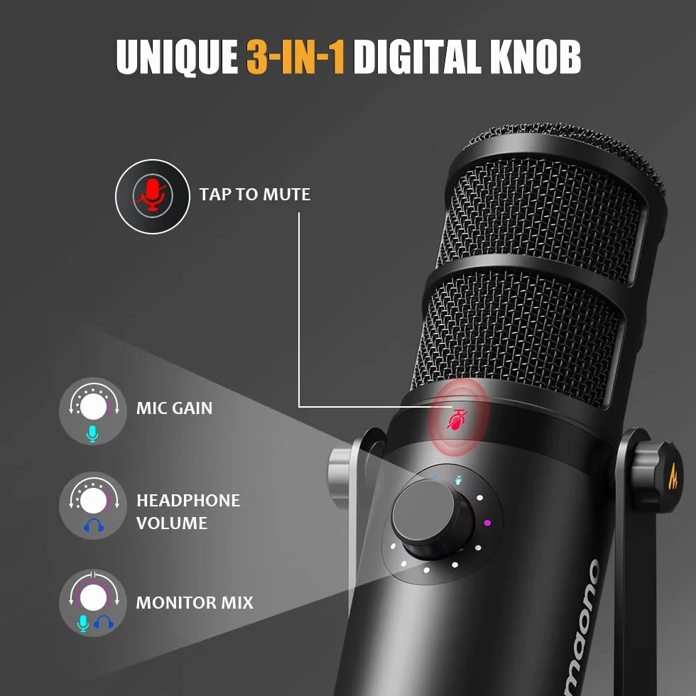 MAONO Micro dynamique, USB/XLR Podcast PC microphone avec logiciel, égaliseur, Tap-to-Mute, régulateur de gain et contrôle du volume, Pour Streaming, Gaming, Enregistrement Vocal(PD400X)
