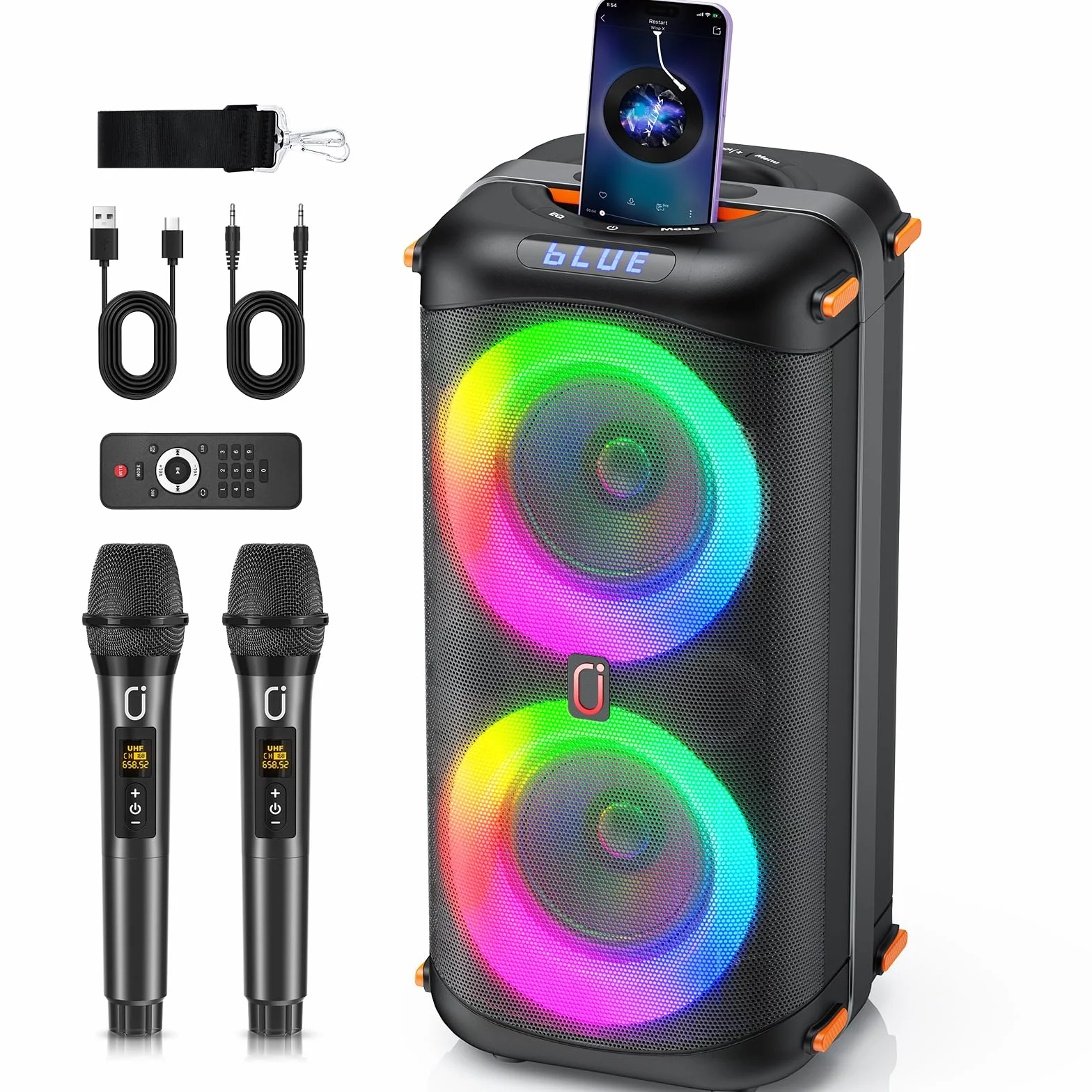 HWWR Enceinte Karaoke 2 Micro sans Fil, Puissance Max 300W Karaoké Professionnel, 10000mAh Portable Bluetooth 5.3 avec LED Haut-Parleur Amplifié Portable Système Karaoké Soutien
