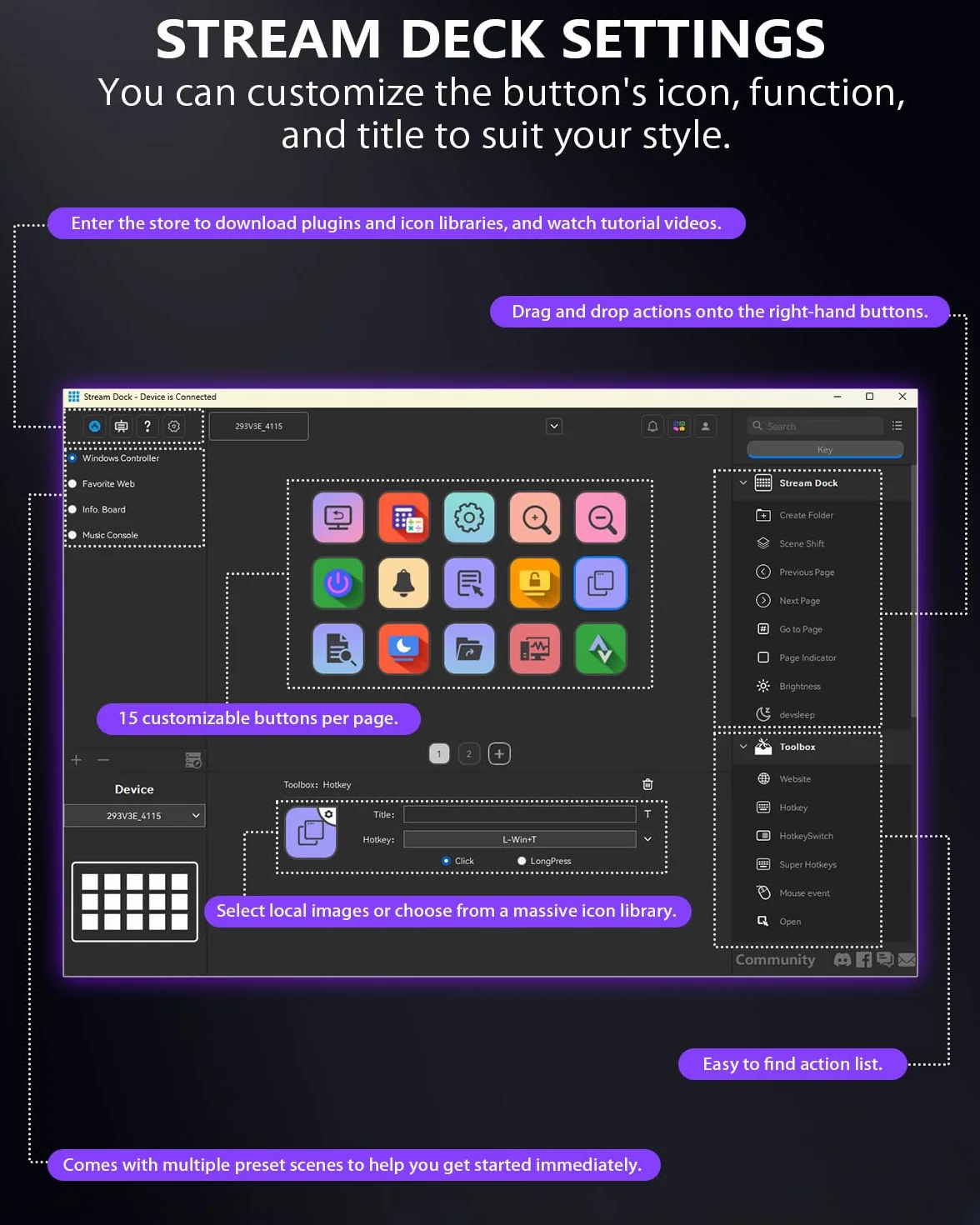 Semaiki Stream Controller Clavier macro avec 15 touches macro LCD personnalisables, déclenche des actions dans les applications et les logiciels tels que OBS, Twitch, Streamlabs, Discord, Mac et